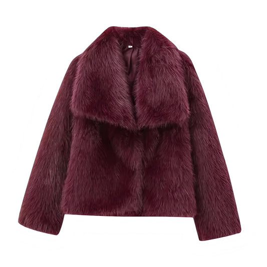 Burgundy red faux fur oversized long sleeve jacket with collared v-neck design for women and teens, satin lined fuzzy soft cozy warm thick luxury fur coat, elegant feminine trendy Y2K chic outerwear for fall autumn winter 2025, maroon velvet red fashion jacket for après-ski snow trip night out festival or concert, Scandinavian Copenhagen streetwear cool girl it girl style, with global worldwide shipping to US UK Canada Australia Europe and Asia.