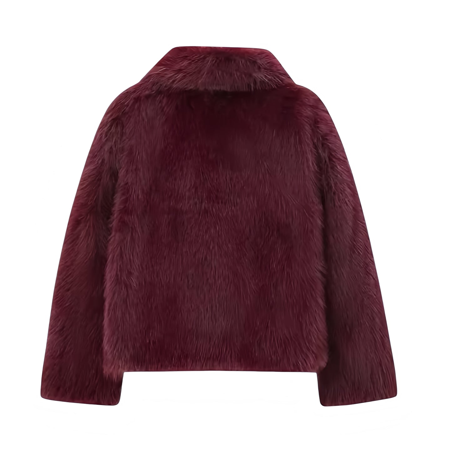 Burgundy red faux fur oversized long sleeve jacket with collared v-neck design for women and teens, satin lined fuzzy soft cozy warm thick luxury fur coat, elegant feminine trendy Y2K chic outerwear for fall autumn winter 2025, maroon velvet red fashion jacket for après-ski snow trip night out festival or concert, Scandinavian Copenhagen streetwear cool girl it girl style, with global worldwide shipping to US UK Canada Australia Europe and Asia.