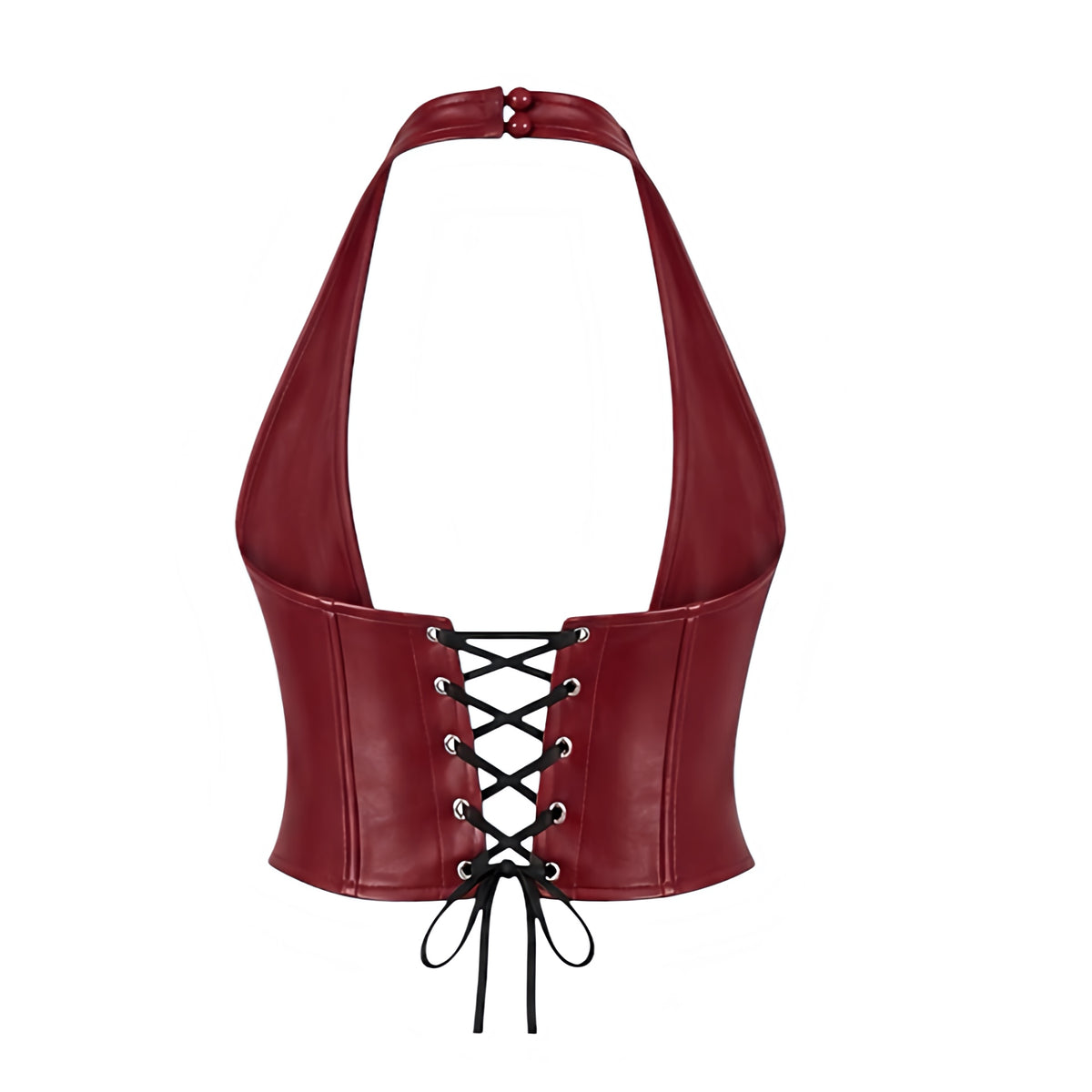 Burgundy red faux leather lace-up halter corset top with shiny wine red oxblood leather-look finish, plunging deep V neckline, molded structured bust, fitted longline waist, pointed V-shaped hem, hook-and-eye front closure, open upper back and black crisscross lace-up back with silver-tone metal eyelets. Y2K 2000s bustier for fall 2026, rock chic, grunge, punk, western, biker, baddie, clubwear, rave, festival, concert, Halloween and Halloweekend outfits.