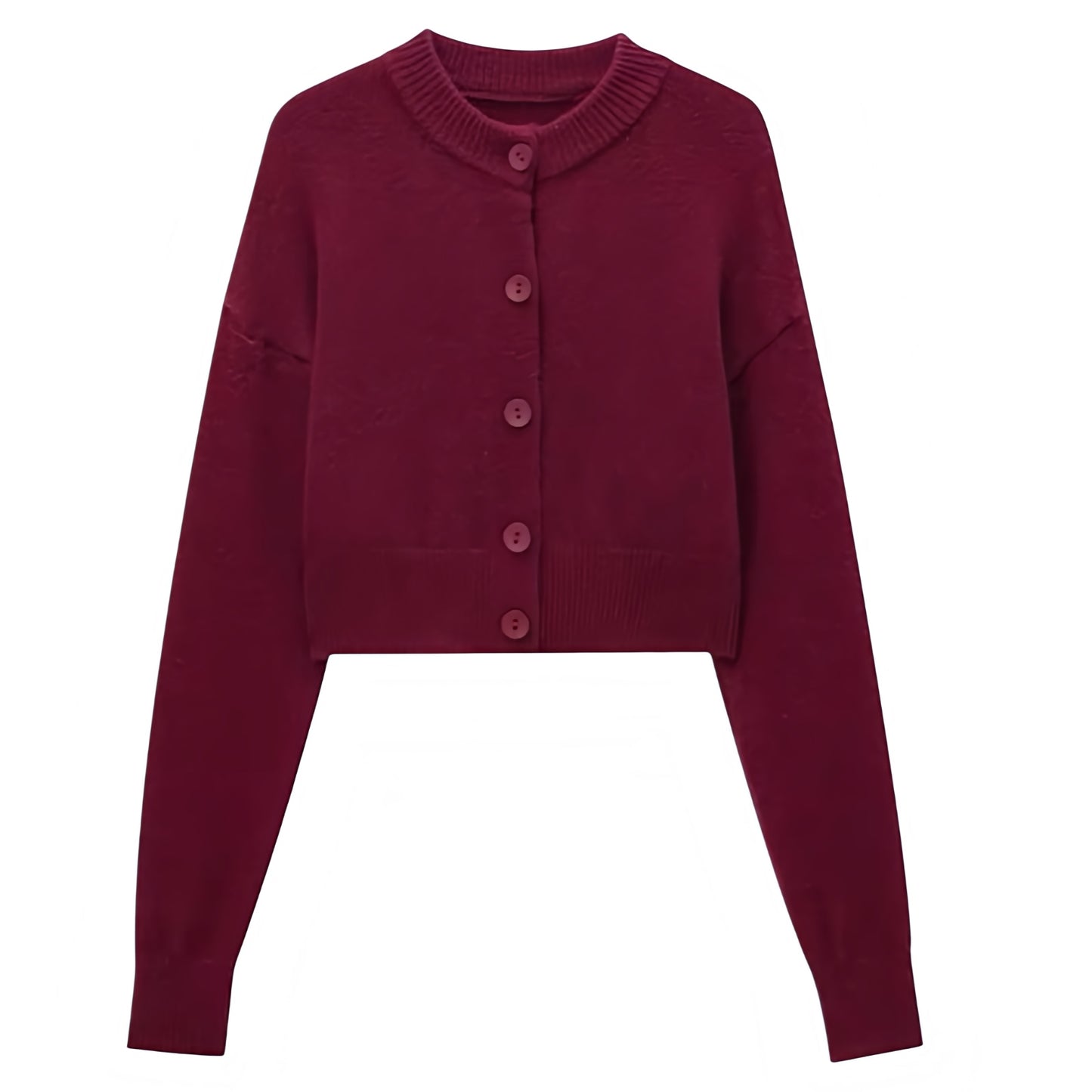 Burgundy red knit button-down long sleeve cropped cardigan sweater for women and teens, woolen chunky knit jumper with fuzzy soft cozy warm texture, elegant feminine trendy chic casual preppy streetwear knitwear for fall autumn winter 2025, Zara dupe and Aritzia-inspired minimalist Scandinavian style with worldwide global shipping to US UK Canada Europe Australia and Asia from Dazey Hill.