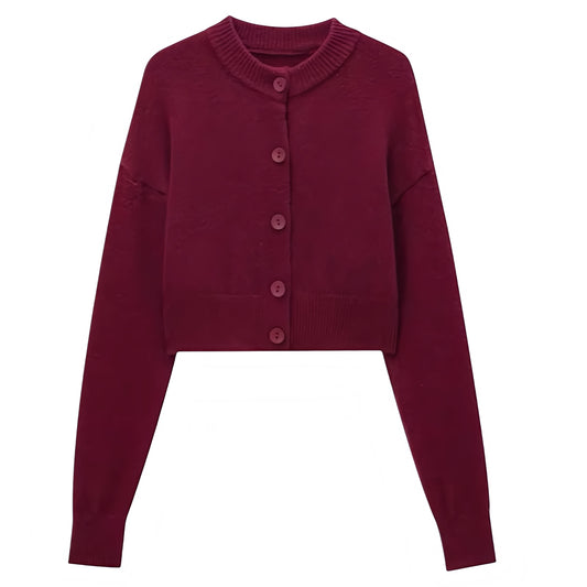 Burgundy red knit button-down long sleeve cropped cardigan sweater for women and teens, woolen chunky knit jumper with fuzzy soft cozy warm texture, elegant feminine trendy chic casual preppy streetwear knitwear for fall autumn winter 2025, Zara dupe and Aritzia-inspired minimalist Scandinavian style with worldwide global shipping to US UK Canada Europe Australia and Asia from Dazey Hill.