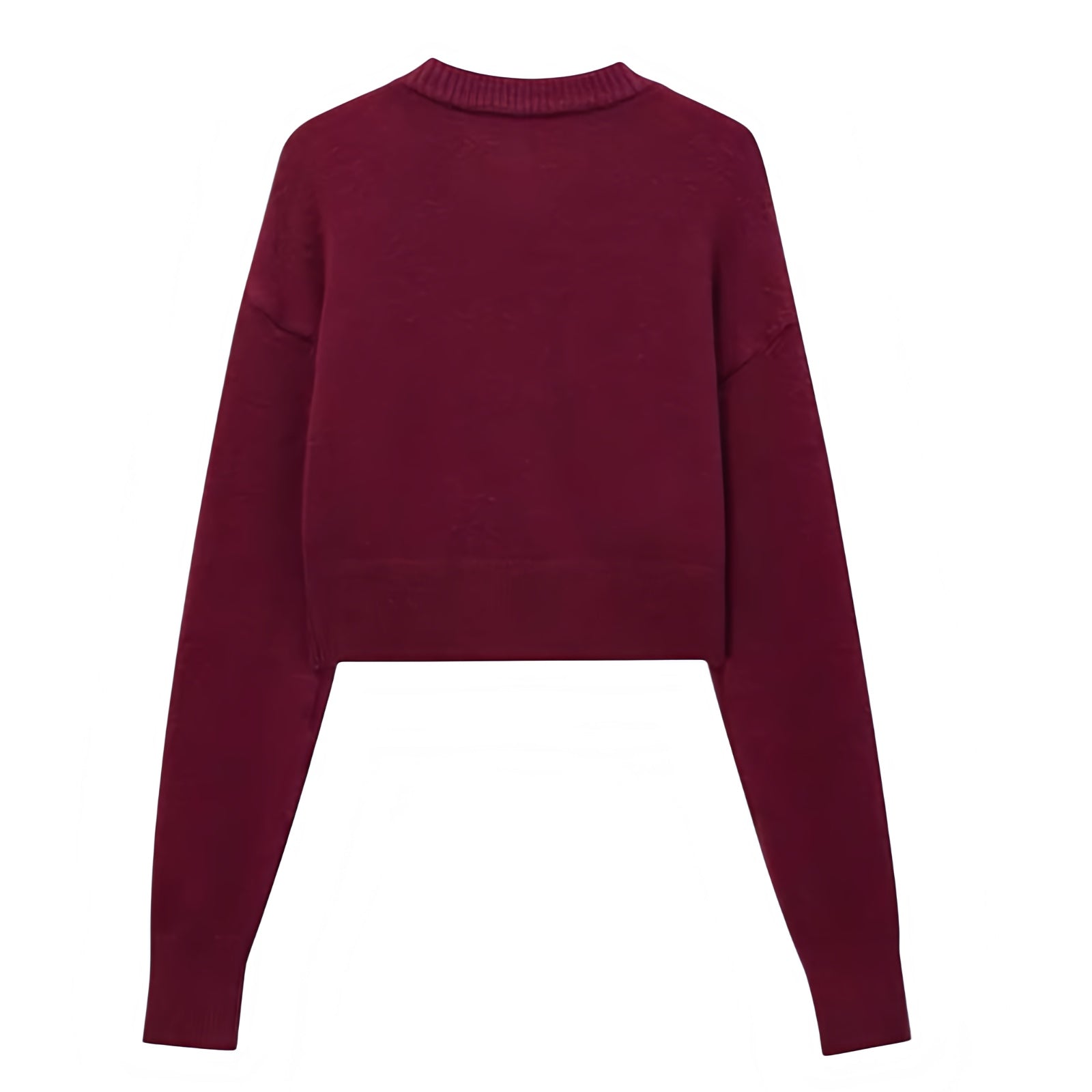 Burgundy red knit button-down long sleeve cropped cardigan sweater for women and teens, woolen chunky knit jumper with fuzzy soft cozy warm texture, elegant feminine trendy chic casual preppy streetwear knitwear for fall autumn winter 2025, Zara dupe and Aritzia-inspired minimalist Scandinavian style with worldwide global shipping to US UK Canada Europe Australia and Asia from Dazey Hill.
