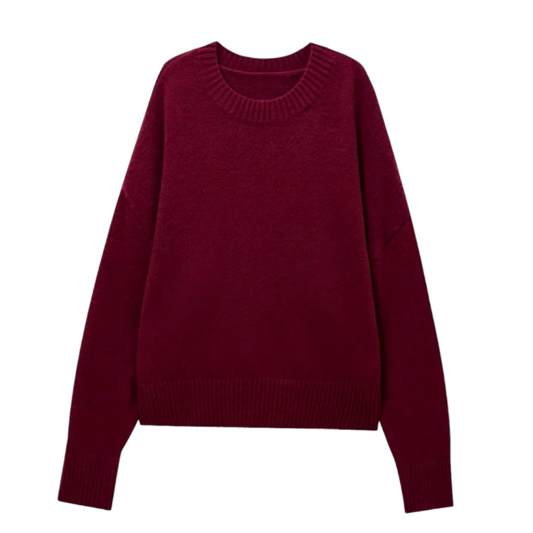 Burgundy red knit woolen long sleeve pullover sweater for women and teens, soft chunky knit jumper with fuzzy cozy warm thick texture, oversized elegant trendy chic preppy streetwear knitwear for fall autumn winter 2025, Aritzia dupe and Zara-inspired feminine fashion sweater with global worldwide shipping to US UK Canada Europe Australia Asia from Dazey Hill.