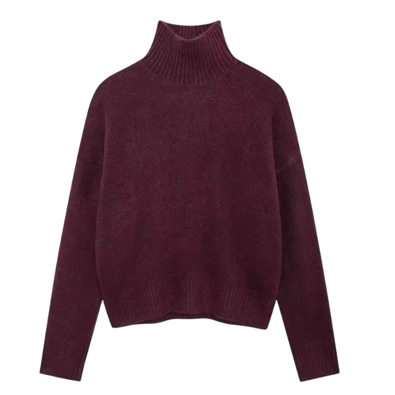 Burgundy red knit woolen oversized long sleeve turtleneck pullover sweater for women and teens, maroon plum soft fuzzy cozy warm thick chunky knit luxury jumper, elegant feminine trendy casual chic preppy fashionable knitwear for fall autumn winter 2025, Aritzia dupe and Zara-inspired Scandinavian streetwear après ski sweater, with global worldwide shipping to US UK Canada Australia Europe and Asia.