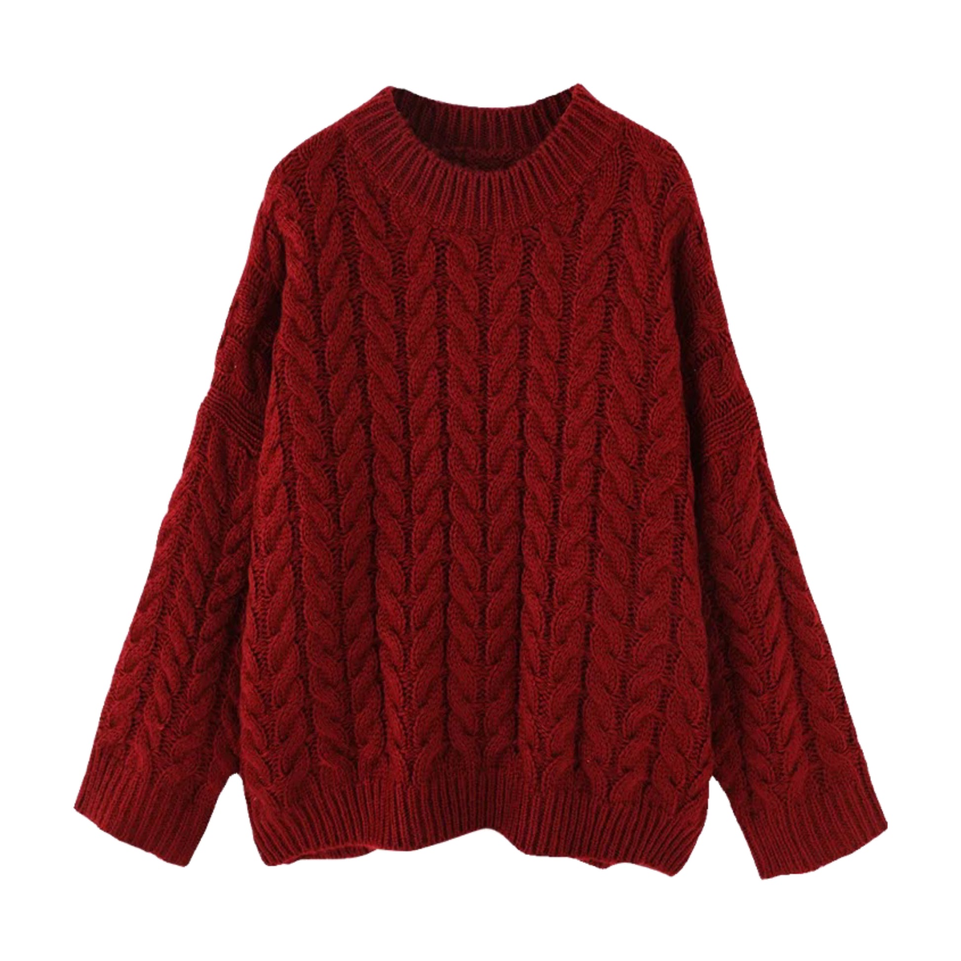 Burgundy red oversized cable knit long sleeve crewneck pullover sweater for women and teens, soft cozy chunky knitted jumper with ribbed geometric textured pattern and round neckline, thick warm knitwear for fall autumn winter 2025, feminine Scandinavian streetwear, Zara and Aritzia dupe sweater, elegant preppy and old-money fashion aesthetic, clean-girl and soft-girl outfit idea, ships globally and worldwide to US, UK, Canada, Europe, Australia, and Asia.