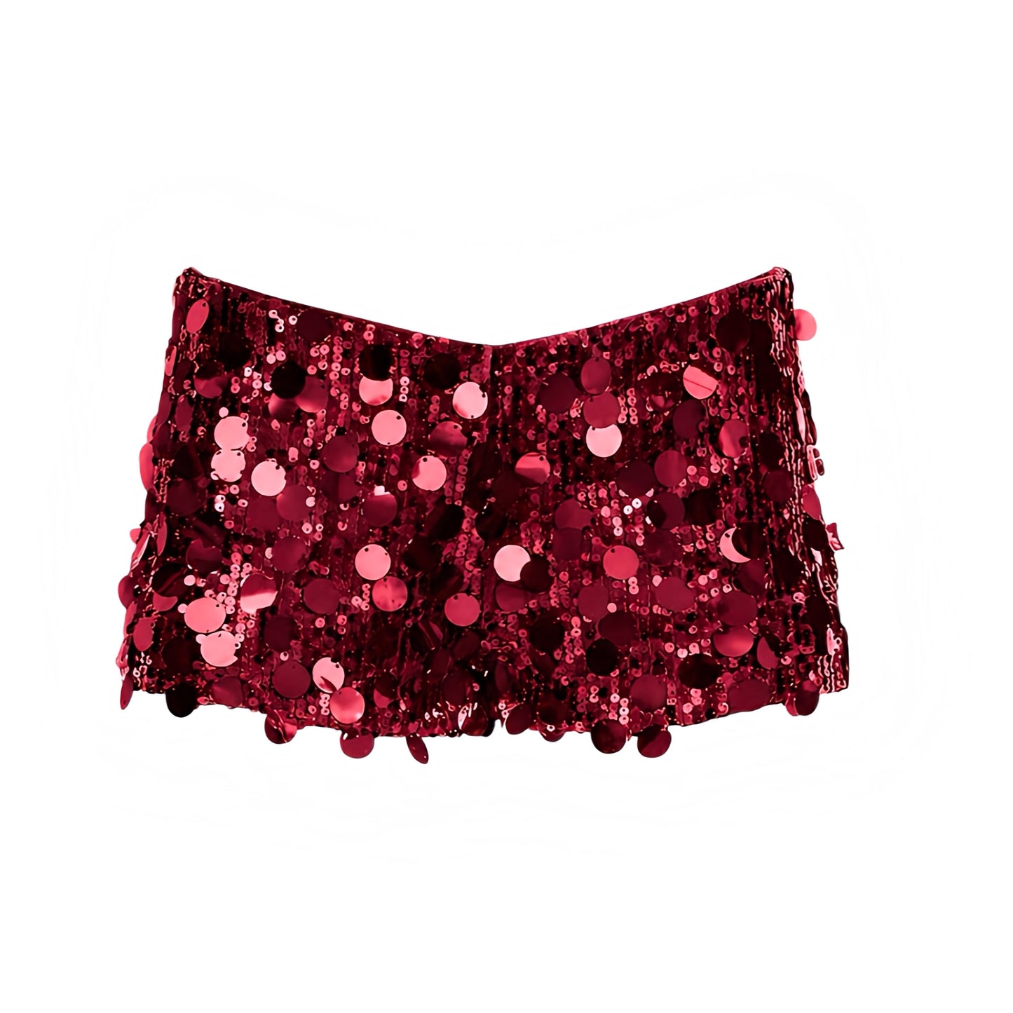 Burgundy red sequin embellished low-rise micro shorts in cherry red, wine red and dark red with sparkly, shimmery, glittery sequined detail. Slim fit bodycon skinny fit short shorts, micro shorts and hot pants for womens party outfits, night out outfits, club wear, disco outfits, rave shorts, festival outfits, Ibiza style, Y2K fashion, baddie outfits, New Years Eve, Halloween and retro style.