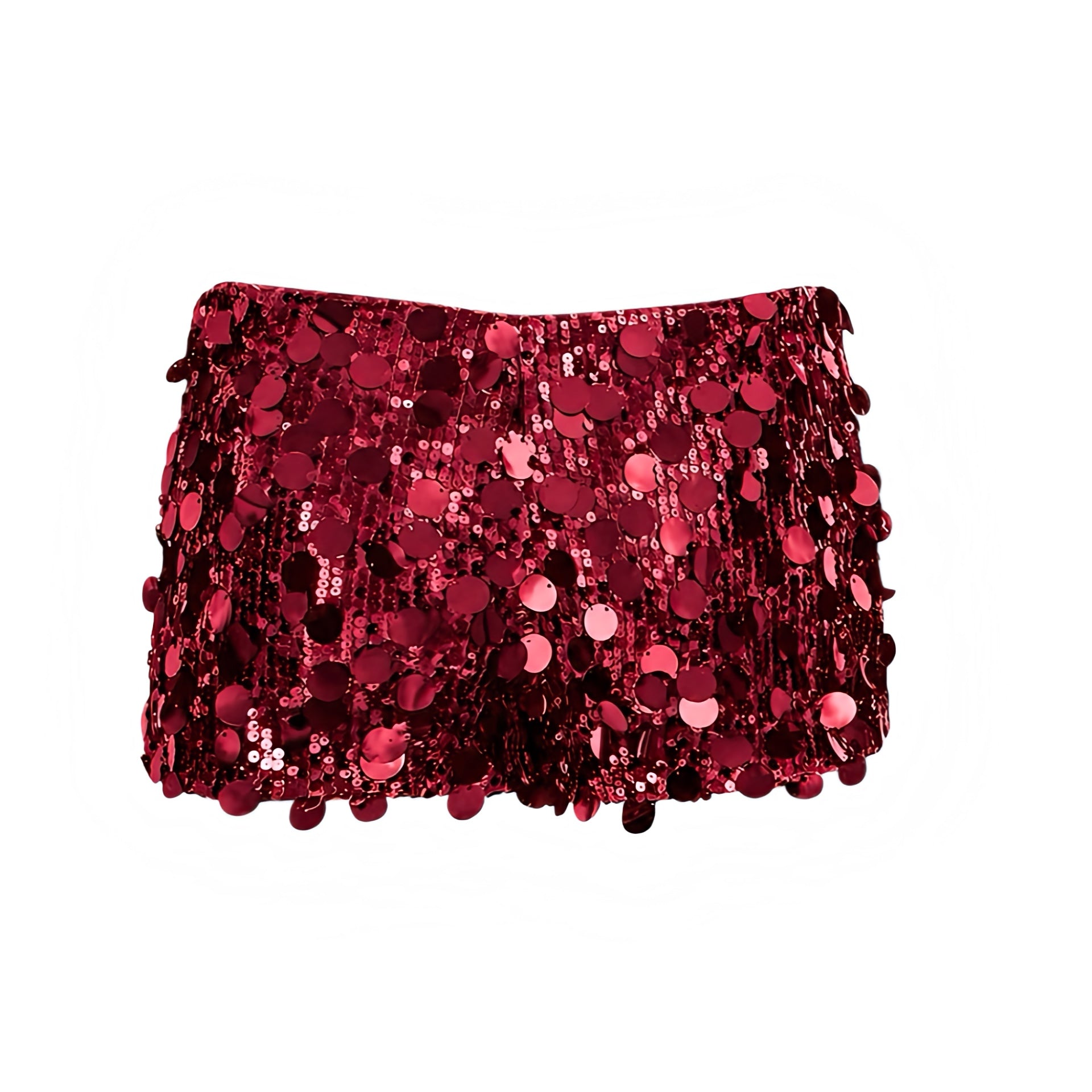 Burgundy red sequin embellished low-rise micro shorts in cherry red, wine red and dark red with sparkly, shimmery, glittery sequined detail. Slim fit bodycon skinny fit short shorts, micro shorts and hot pants for womens party outfits, night out outfits, club wear, disco outfits, rave shorts, festival outfits, Ibiza style, Y2K fashion, baddie outfits, New Years Eve, Halloween and retro style.