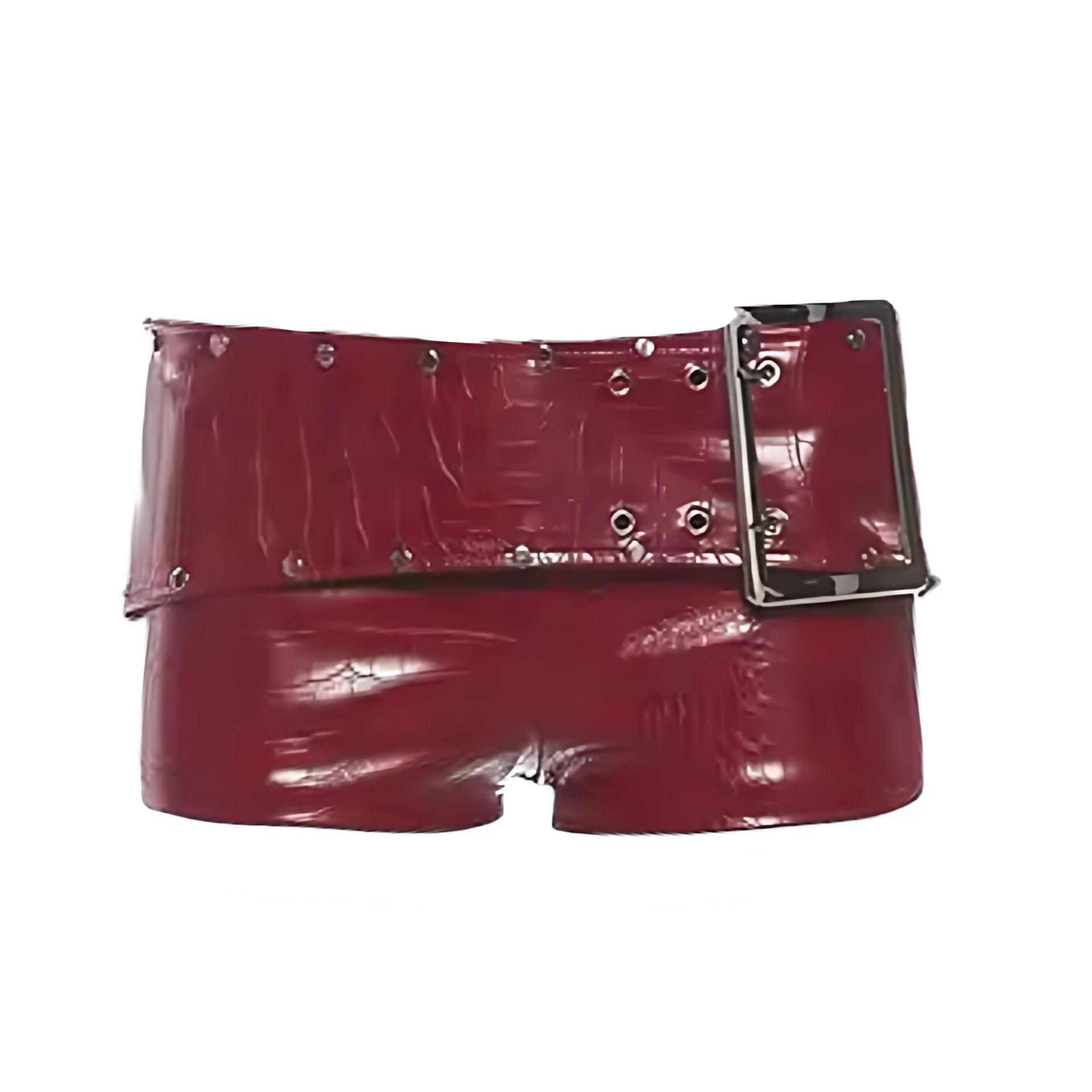Burgundy red Y2K faux leather metallic rivet design buckle waist micro shorts in dark red cherry red snakeskin leather texture. Slim fit bodycon skinny fit low rise low waisted short shorts mini shorts hot pants cut shorts for womens teens ladies. Y2K style 2000s fashion clubwear rave shorts festival outfit concert outfit night out outfit disco outfit streetwear fashion baddie outfits rock chic rockstar girlfriend outfit.