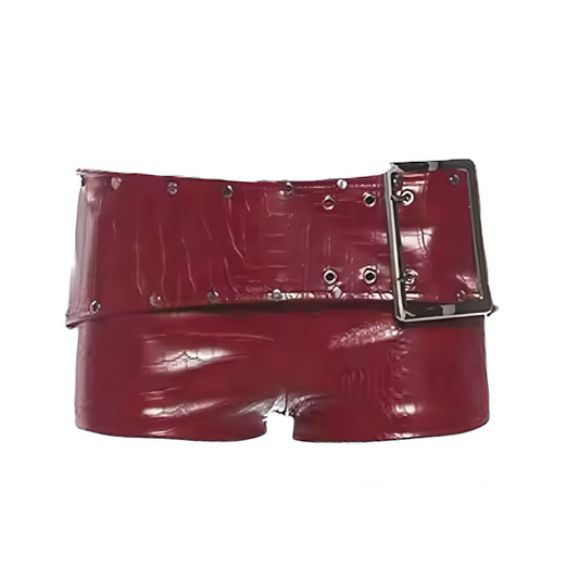 Burgundy red Y2K faux leather metallic rivet design buckle waist micro shorts in dark red cherry red snakeskin leather texture. Slim fit bodycon skinny fit low rise low waisted short shorts mini shorts hot pants cut shorts for womens teens ladies. Y2K style 2000s fashion clubwear rave shorts festival outfit concert outfit night out outfit disco outfit streetwear fashion baddie outfits rock chic rockstar girlfriend outfit.