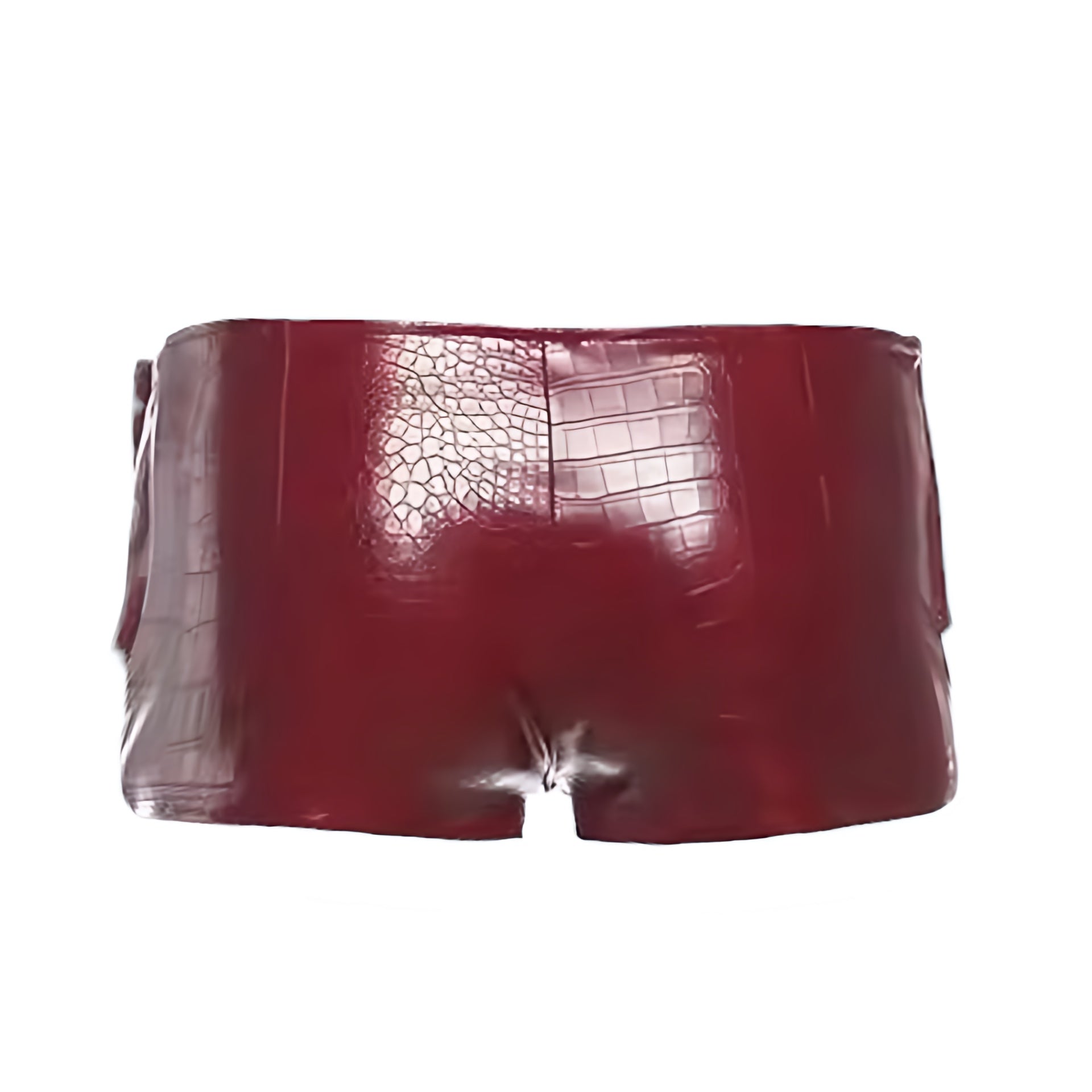 Burgundy red Y2K faux leather metallic rivet design buckle waist micro shorts in dark red cherry red snakeskin leather texture. Slim fit bodycon skinny fit low rise low waisted short shorts mini shorts hot pants cut shorts for womens teens ladies. Y2K style 2000s fashion clubwear rave shorts festival outfit concert outfit night out outfit disco outfit streetwear fashion baddie outfits rock chic rockstar girlfriend outfit.

