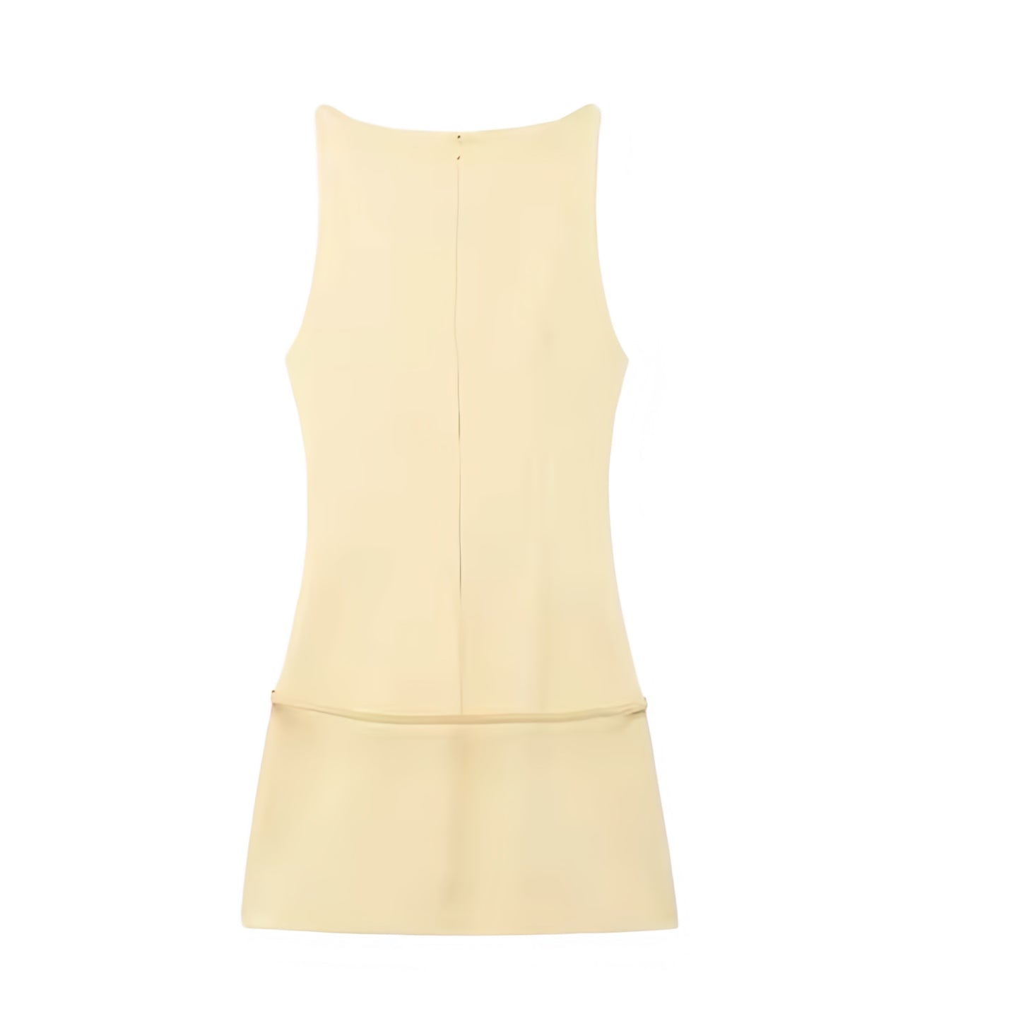 Butter Yellow Bodycon Sleeveless Boat Neckline Mini Dress With Belt. Light yellow slim fit silhouette with tailored pencil shift design, chic belted waist, solid sleeveless cut, and elegant boat neckline. Short mini dress perfect for women, ladies, and teens seeking feminine, fashionable outfits for holiday vacations, casual everyday wear, school, sorority rush, brunch, evening parties, night out, going-out looks, Euro summer, Parisian chic style, old money preppy style, Hamptons and Nantucket fashion. 