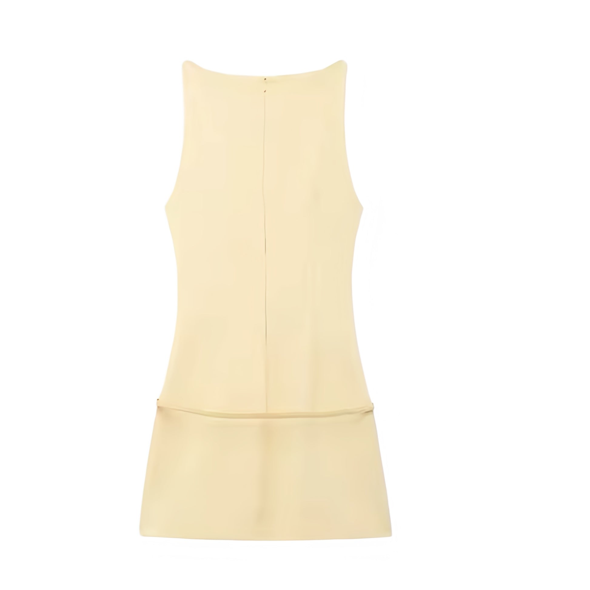 Butter Yellow Bodycon Sleeveless Boat Neckline Mini Dress With Belt. Light yellow slim fit silhouette with tailored pencil shift design, chic belted waist, solid sleeveless cut, and elegant boat neckline. Short mini dress perfect for women, ladies, and teens seeking feminine, fashionable outfits for holiday vacations, casual everyday wear, school, sorority rush, brunch, evening parties, night out, going-out looks, Euro summer, Parisian chic style, old money preppy style, Hamptons and Nantucket fashion. 