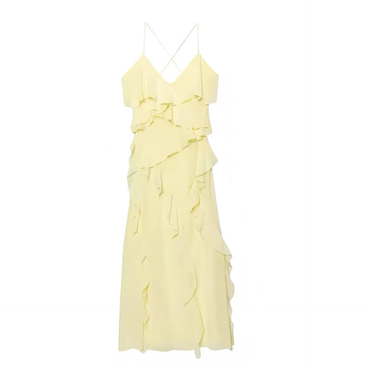 Butter yellow light yellow pastel yellow bodycon V neck layered ruffle tiered maxi dress with spaghetti strap sleeveless design and flared flowy silhouette. Elegant long sundress gown for womens teens ladies perfect for prom graduation formal dance brunch party euro summer ibiza style beach vacation resort wear boho chic coquette style soft girl style clean girl outfits hot girl outfit.

