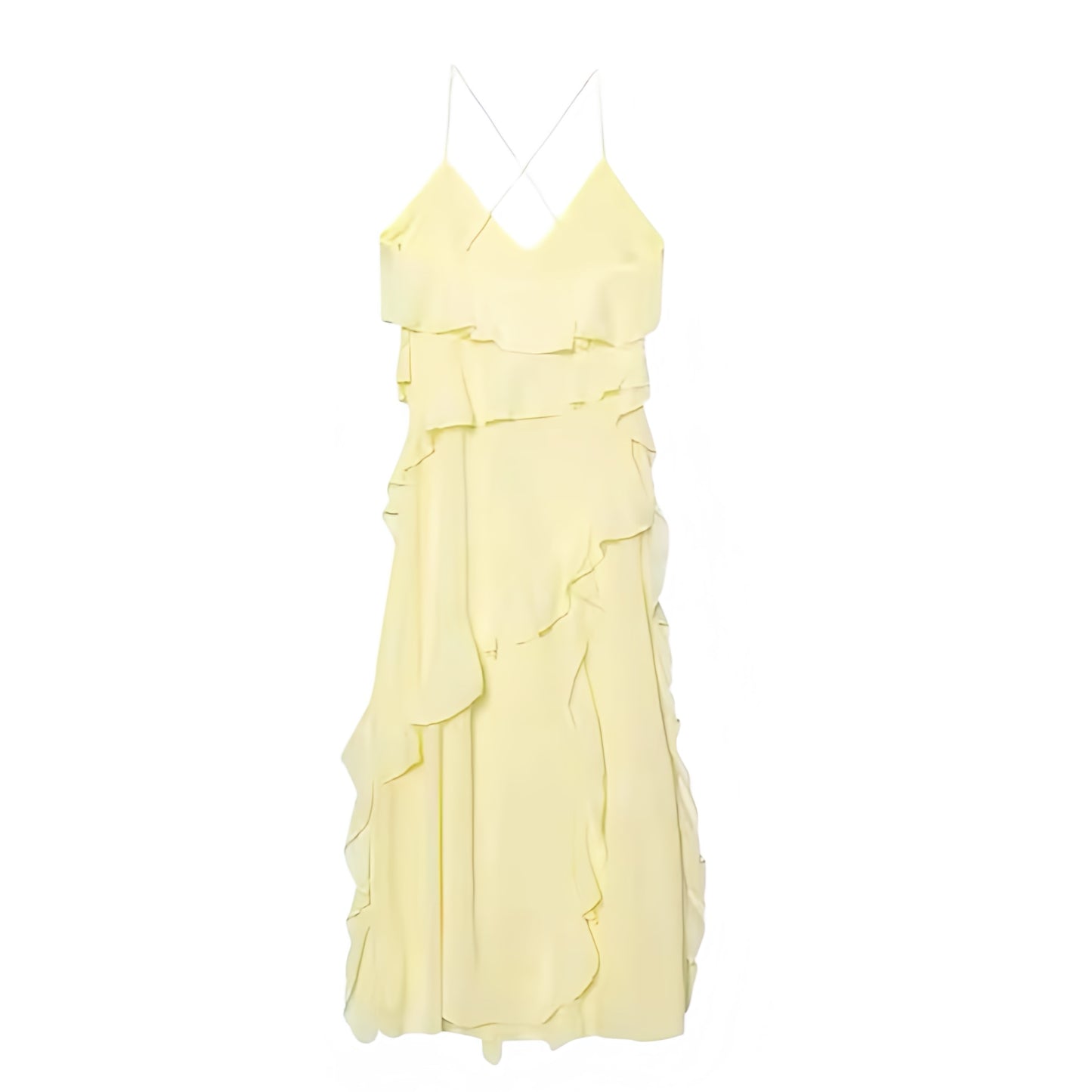 Butter yellow light yellow pastel yellow bodycon V neck layered ruffle tiered maxi dress with spaghetti strap sleeveless design and flared flowy silhouette. Elegant long sundress gown for womens teens ladies perfect for prom graduation formal dance brunch party euro summer ibiza style beach vacation resort wear boho chic coquette style soft girl style clean girl outfits hot girl outfit.

