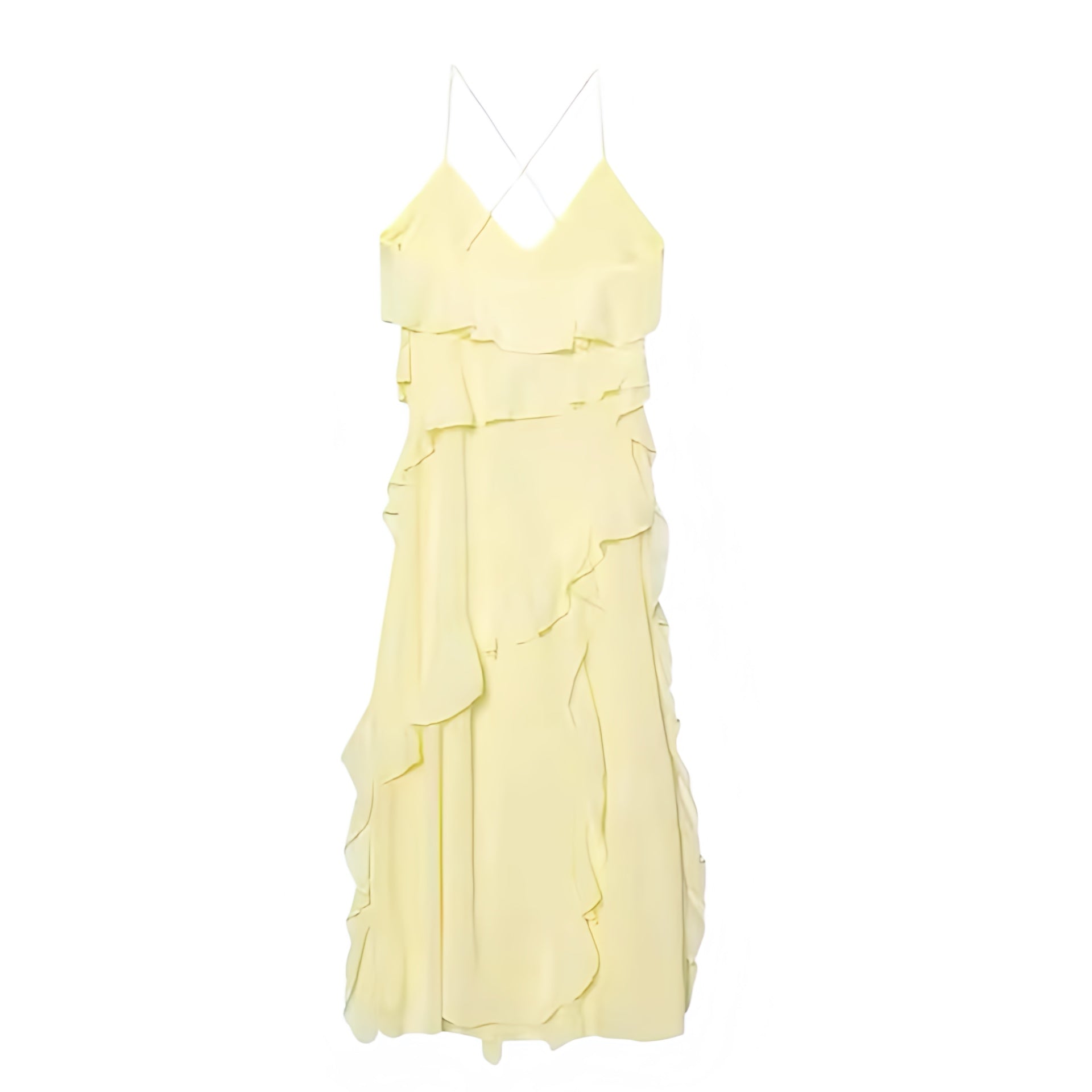 Butter yellow light yellow pastel yellow bodycon V neck layered ruffle tiered maxi dress with spaghetti strap sleeveless design and flared flowy silhouette. Elegant long sundress gown for womens teens ladies perfect for prom graduation formal dance brunch party euro summer ibiza style beach vacation resort wear boho chic coquette style soft girl style clean girl outfits hot girl outfit.

