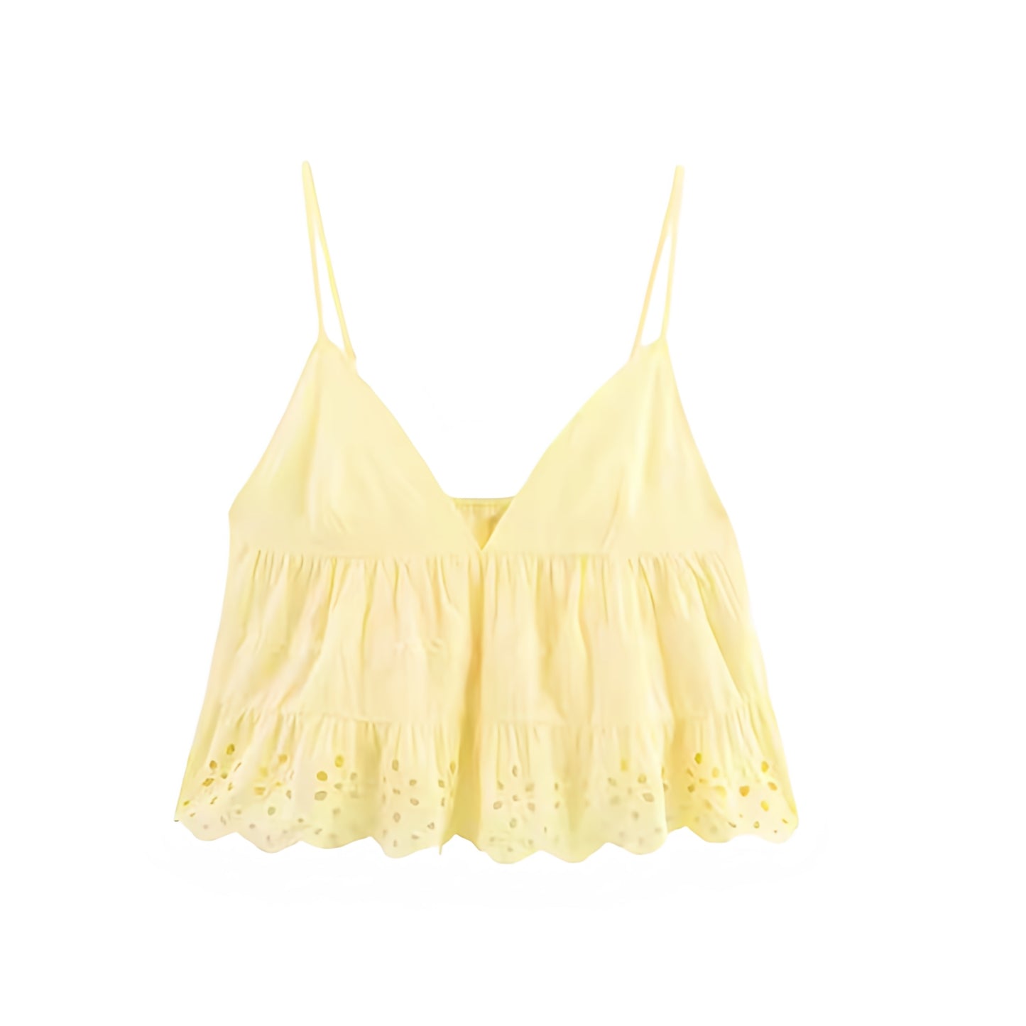 Butter yellow light yellow pastel yellow eyelet embroidered broderie crochet ruffled v-neck camisole tank top with floral geometric patterned slim fit peplum layered ruffle tiered flared babydoll design. Sleeveless spaghetti strap backless crop blouse for women, teens, and ladies. Chic trendy casual elegant sexy summer top for beach vacation, euro summer, Ibiza fashion, rave outfit, festival outfit, boho chic style, bohemian gypsy fashion, preppy summer style, y2k fashion, baddie aesthetic and resort wear.