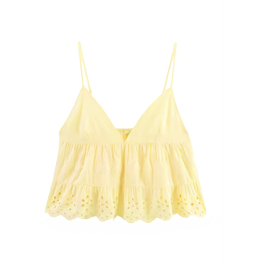 Butter yellow light yellow pastel yellow eyelet embroidered broderie crochet ruffled v-neck camisole tank top with floral geometric patterned slim fit peplum layered ruffle tiered flared babydoll design. Sleeveless spaghetti strap backless crop blouse for women, teens, and ladies. Chic trendy casual elegant sexy summer top for beach vacation, euro summer, Ibiza fashion, rave outfit, festival outfit, boho chic style, bohemian gypsy fashion, preppy summer style, y2k fashion, baddie aesthetic and resort wear.