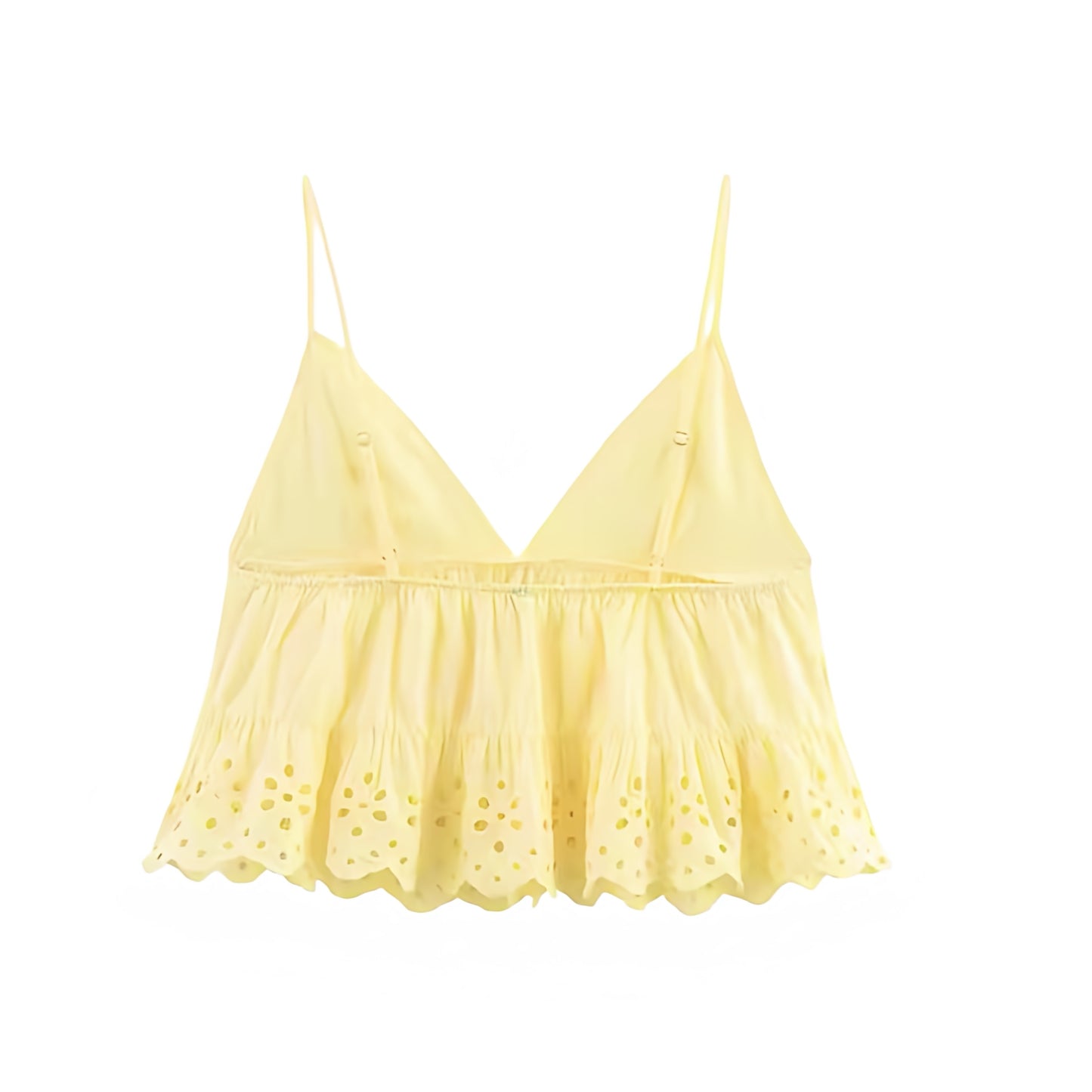 Butter yellow light yellow pastel yellow eyelet embroidered broderie crochet ruffled v-neck camisole tank top with floral geometric patterned slim fit peplum layered ruffle tiered flared babydoll design. Sleeveless spaghetti strap backless crop blouse for women, teens, and ladies. Chic trendy casual elegant sexy summer top for beach vacation, euro summer, Ibiza fashion, rave outfit, festival outfit, boho chic style, bohemian gypsy fashion, preppy summer style, y2k fashion, baddie aesthetic and resort wear.