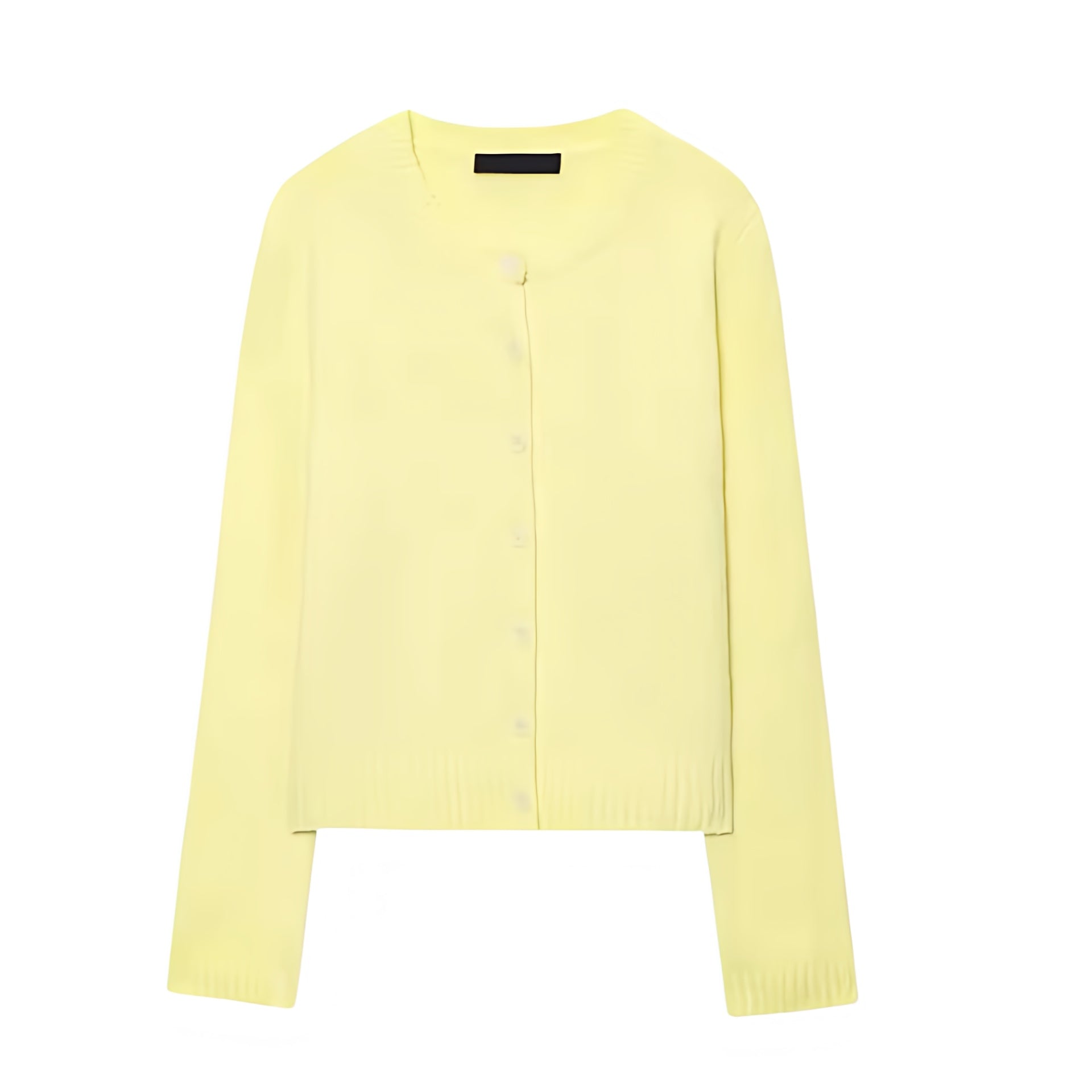 Butter yellow knit button-down long sleeve cardigan sweater for women and teens. Soft, cozy, lightweight knitwear with round neckline and cropped fit. Elegant pastel yellow jumper with v-neck style, perfect for fall, autumn, and winter 2025. Feminine, preppy, and trendy Y2K coquette fashion for ladies. Chic everyday cardigan ideal for school, coffee dates, and casual wear. Ships globally to the US, UK, Canada, Australia, New Zealand, Europe, Asia, France, Germany, Italy, Spain, Denmark, Sweden, Switzerland.