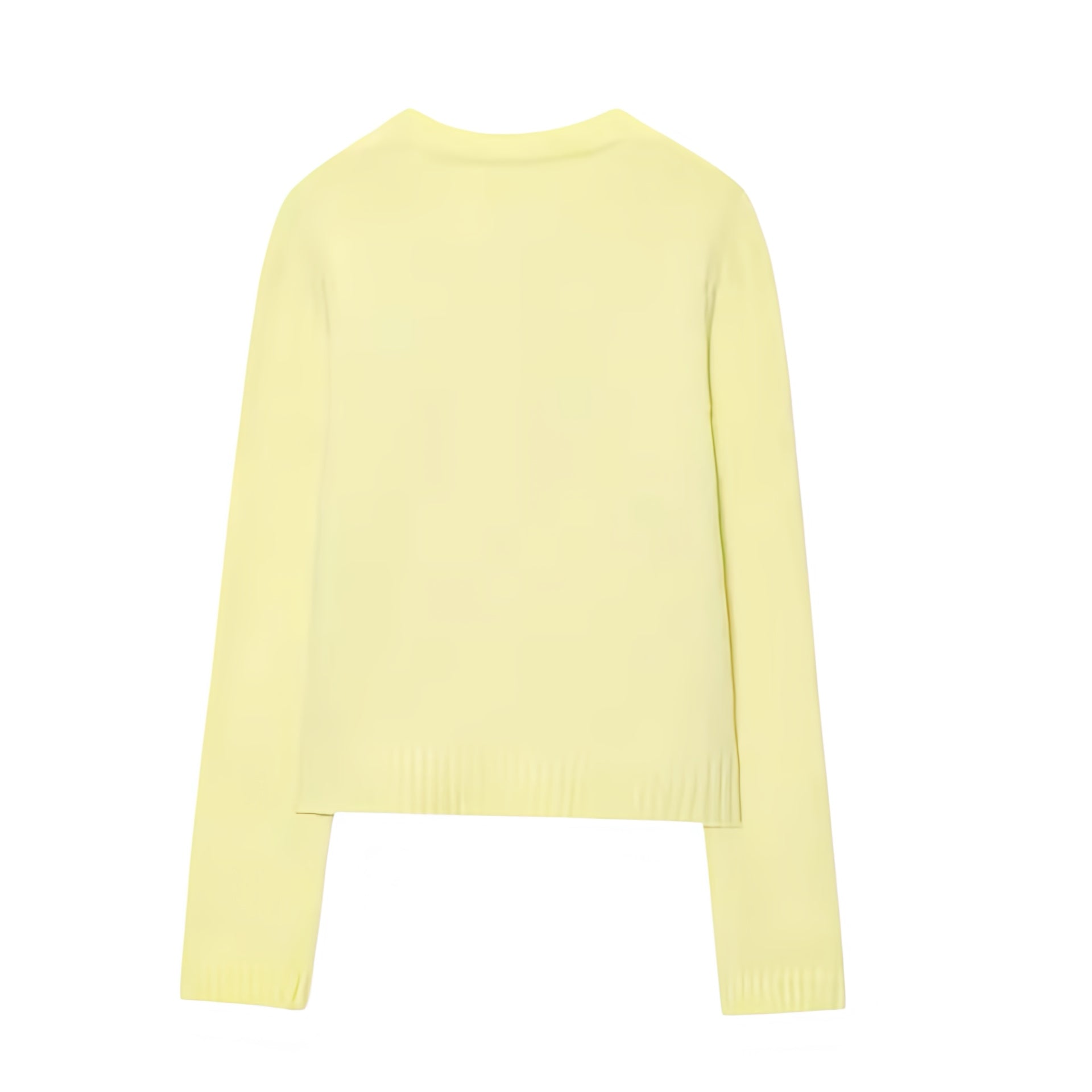 Butter yellow knit button-down long sleeve cardigan sweater for women and teens. Soft, cozy, lightweight knitwear with round neckline and cropped fit. Elegant pastel yellow jumper with v-neck style, perfect for fall, autumn, and winter 2025. Feminine, preppy, and trendy Y2K coquette fashion for ladies. Chic everyday cardigan ideal for school, coffee dates, and casual wear. Ships globally to the US, UK, Canada, Australia, New Zealand, Europe, Asia, France, Germany, Italy, Spain, Denmark, Sweden, Switzerland.