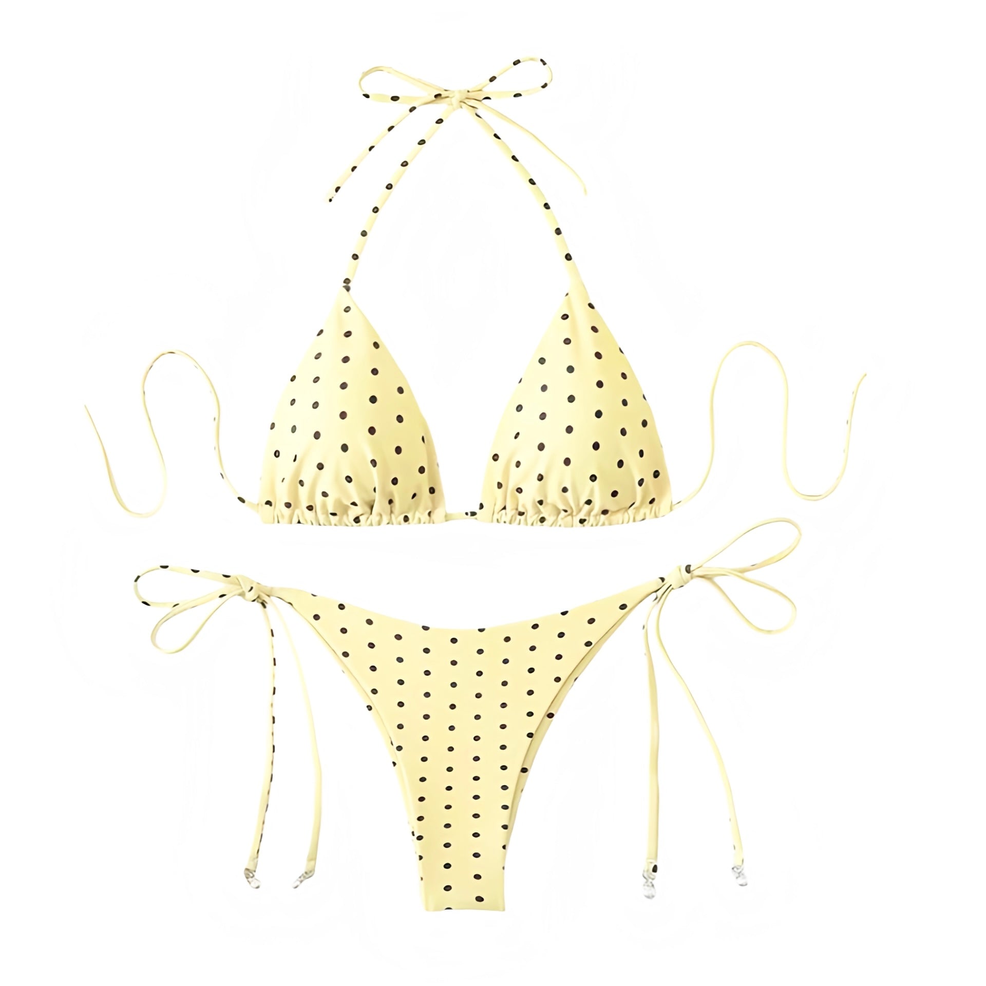 Butter yellow light yellow pastel yellow polka dot print triangle string bikini set with spaghetti strap halter tie neck design and cheeky thong bottoms. Slim fit micro wireless wire free push up bikini swimsuit top and bottoms matching set swimwear bathing suit for womens teens ladies. Perfect for beach vacation euro summer spring break beach girl outfits resort wear coquette style soft girl style clean girl outfits retro vintage coastal hamptons nantucket style.

