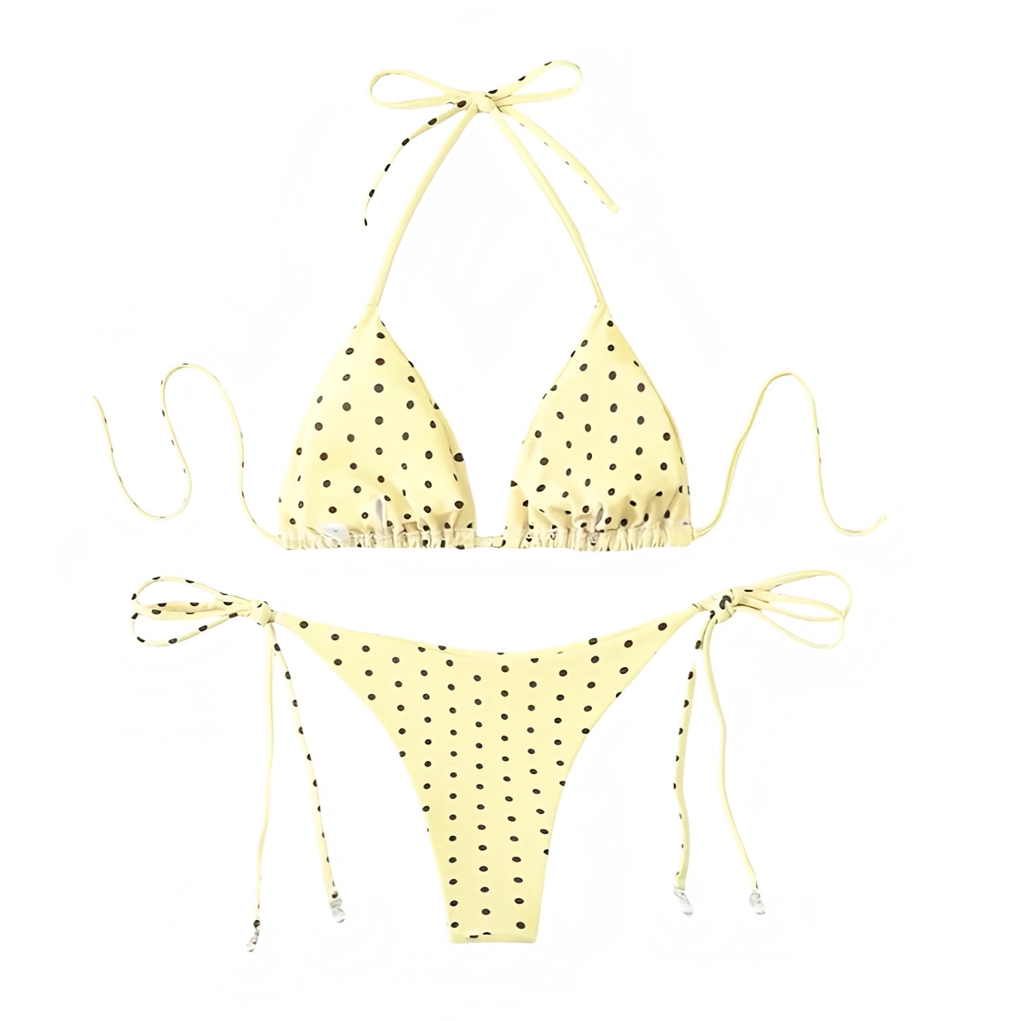 Butter yellow light yellow pastel yellow polka dot print triangle string bikini set with spaghetti strap halter tie neck design and cheeky thong bottoms. Slim fit micro wireless wire free push up bikini swimsuit top and bottoms matching set swimwear bathing suit for womens teens ladies. Perfect for beach vacation euro summer spring break beach girl outfits resort wear coquette style soft girl style clean girl outfits retro vintage coastal hamptons nantucket style.

