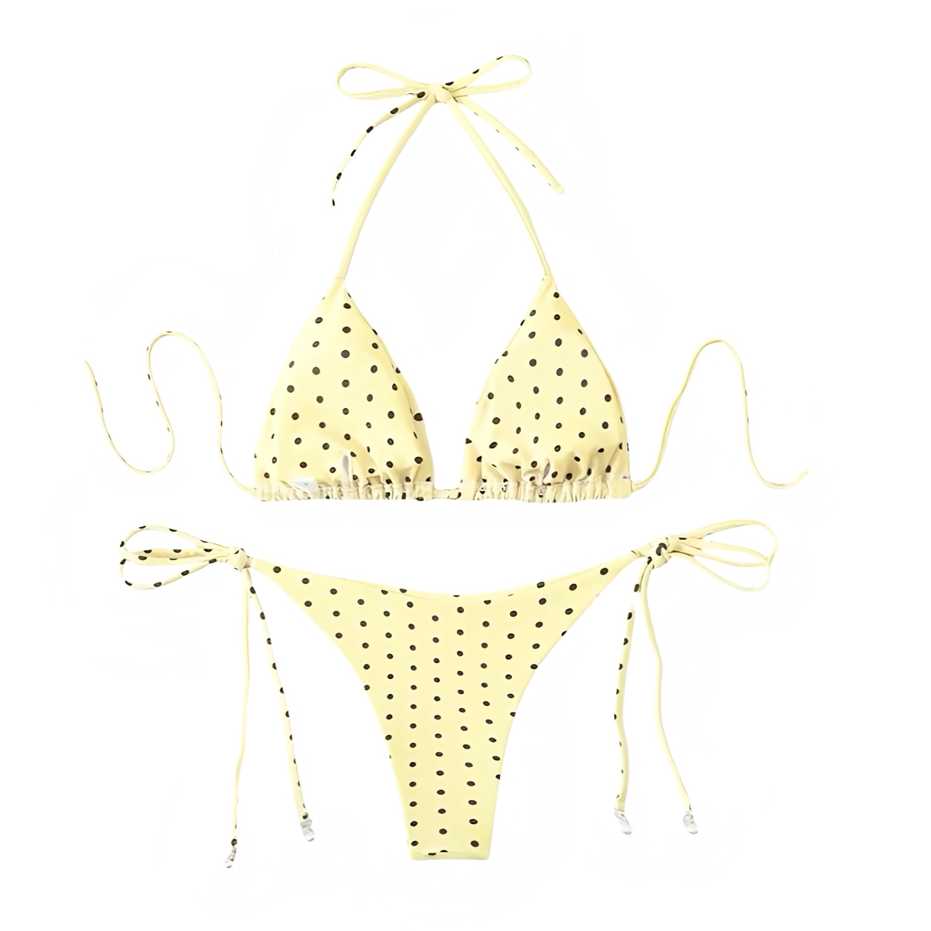 Butter yellow light yellow pastel yellow polka dot print triangle string bikini set with spaghetti strap halter tie neck design and cheeky thong bottoms. Slim fit micro wireless wire free push up bikini swimsuit top and bottoms matching set swimwear bathing suit for womens teens ladies. Perfect for beach vacation euro summer spring break beach girl outfits resort wear coquette style soft girl style clean girl outfits retro vintage coastal hamptons nantucket style.


