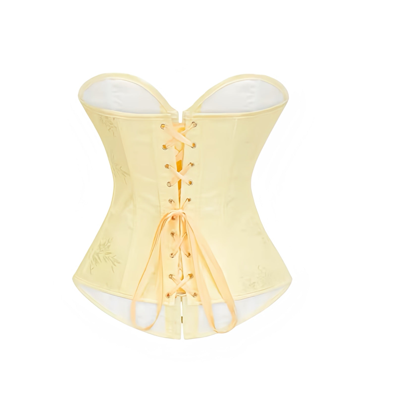 Butter yellow satin lace-up strapless bustier corset top with sweetheart neckline, slim fit bodycon silhouette, and floral patterned satin design. Sexy light yellow satin crop tube bustier top for women, teens, and ladies. Perfect for chic trendy evening looks, night out outfits, parties, going out, club wear, rave, festival, concert, vintage retro coquette Y2K fashion, it girl baddie style, and Halloween adults princess costume or halloweekend 2025 outfits. Ships globally worldwide to US, Australia, Europe
