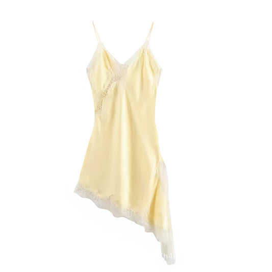 Butter yellow light yellow pastel yellow white satin silk lace trim floral bodycon v-neck backless slip dress with sheath flowy ruffle trim plisse slim fit skinny fit A-line silhouette. Sleeveless spaghetti strap midi maxi dress for women, teens, and ladies. Chic trendy casual elegant sexy semi formal outfit for beach vacation, euro summer, Ibiza fashion, rave outfit, festival dress, music festival outfit, concert outfit, cocktail attire, club wear, night out, going out, boho chic style, coquette, fairycore