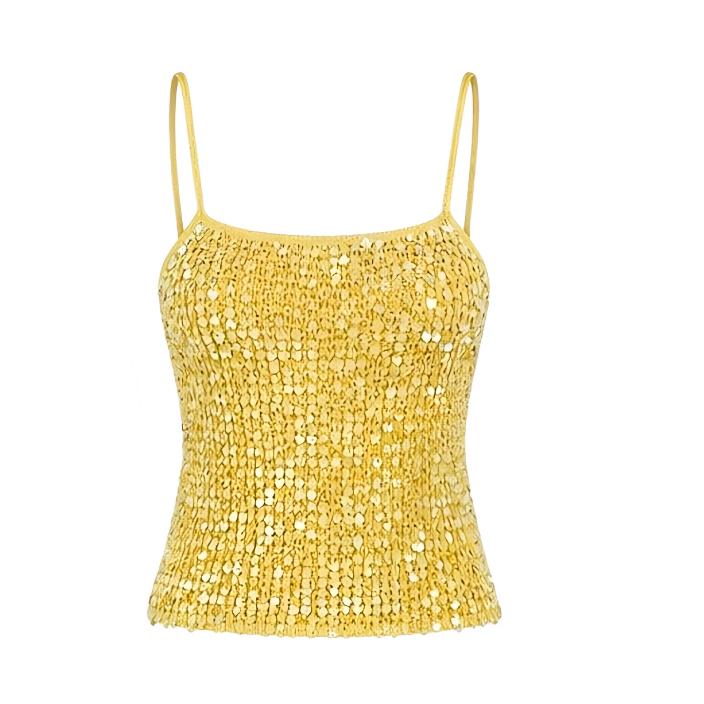Butter yellow sequin beaded crochet fitted tank top with sparkly shimmery glittery knitwear detail, slim fit bodycon cropped square neckline and spaghetti straps, sleeveless Y2K crop top for women, teens and ladies, perfect for summer, beach vacation, festival, concert, Ibiza, party, clubwear, baddie, boho chic, tropicalcore, mermaidcore, fairycore and 2000s fashion outfits

