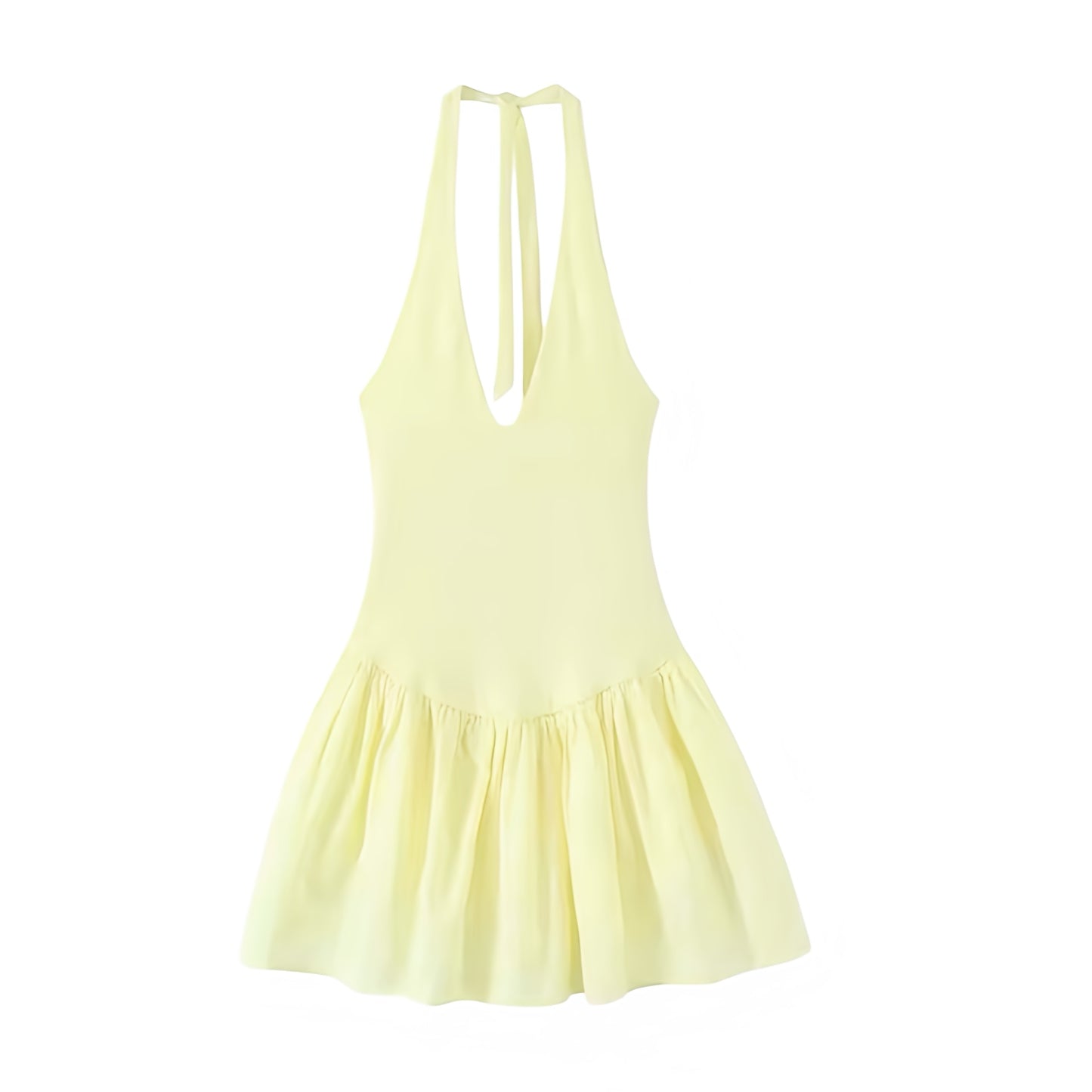 Butter yellow light yellow pastel yellow halter V neck slim fit ruffled peplum mini dress with tie neck backless sleeveless design. Flared layered ruffle pleated plisse tiered babydoll sundress for womens teens ladies. Perfect for spring summer outfits brunch party prom homecoming graduation euro summer ibiza style beach vacation resort wear boho chic coquette style soft girl style clean girl outfits hot girl outfit.

