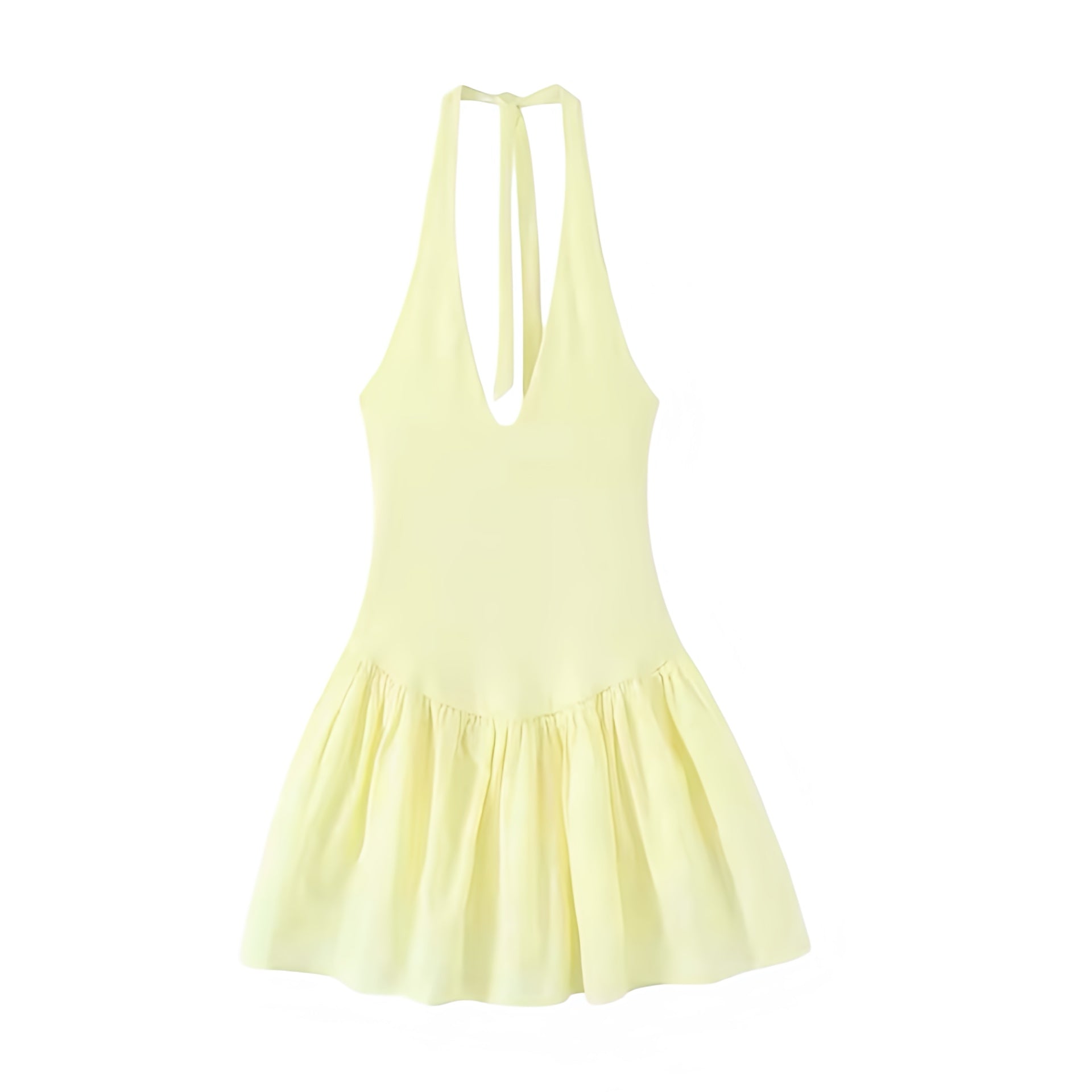 Butter yellow light yellow pastel yellow halter V neck slim fit ruffled peplum mini dress with tie neck backless sleeveless design. Flared layered ruffle pleated plisse tiered babydoll sundress for womens teens ladies. Perfect for spring summer outfits brunch party prom homecoming graduation euro summer ibiza style beach vacation resort wear boho chic coquette style soft girl style clean girl outfits hot girl outfit.

