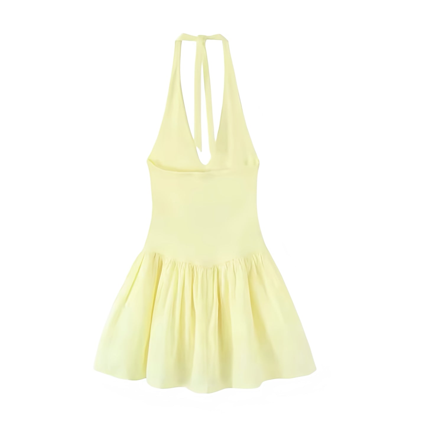 Butter yellow light yellow pastel yellow halter V neck slim fit ruffled peplum mini dress with tie neck backless sleeveless design. Flared layered ruffle pleated plisse tiered babydoll sundress for womens teens ladies. Perfect for spring summer outfits brunch party prom homecoming graduation euro summer ibiza style beach vacation resort wear boho chic coquette style soft girl style clean girl outfits hot girl outfit.

