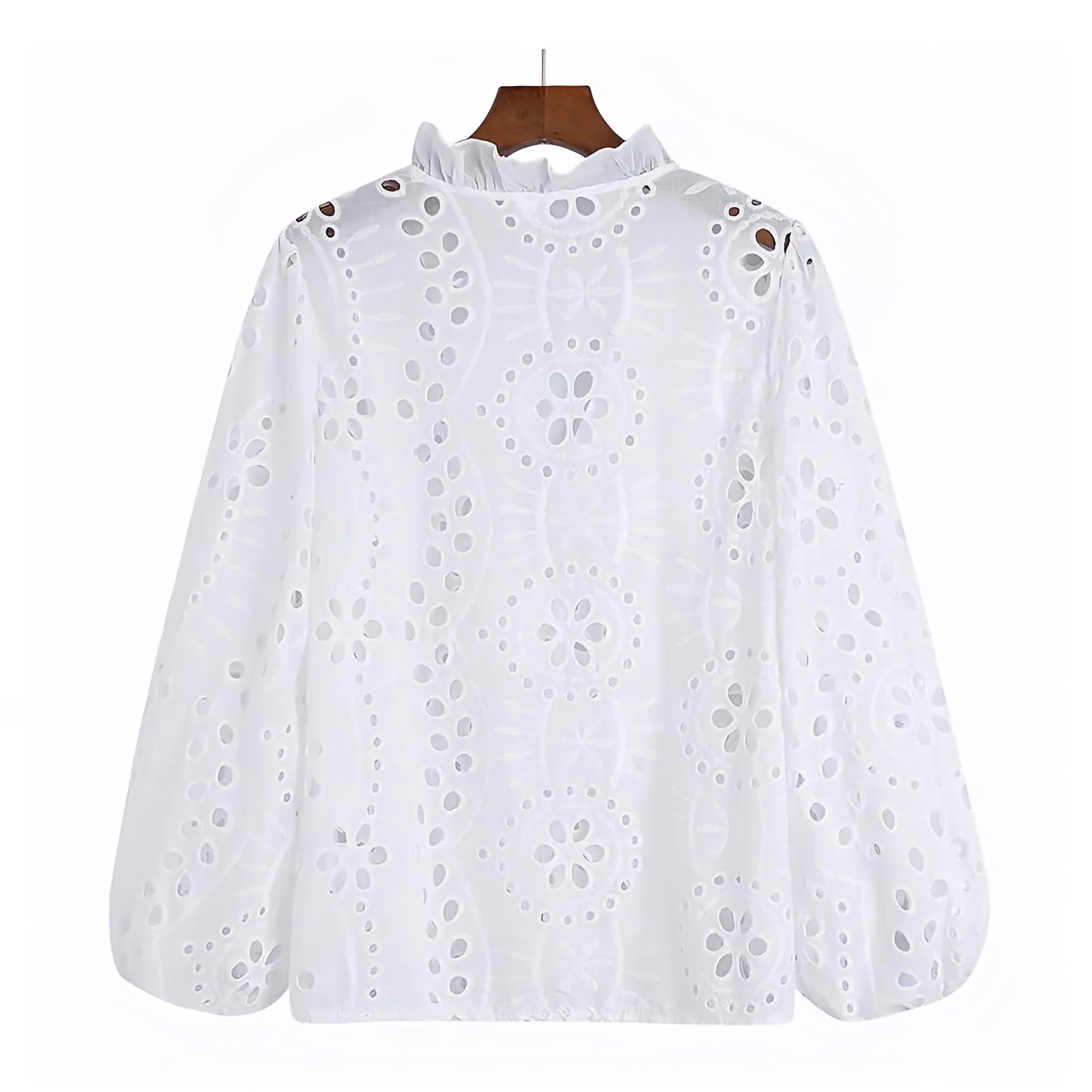 White Floral Eyelet Embroidered V-Neck Button Down Long Sleeve Blouse