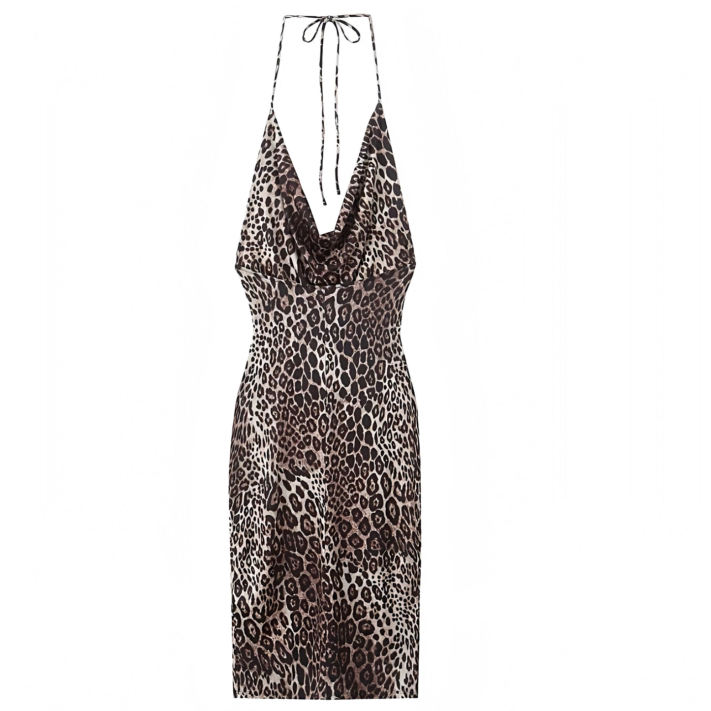 Leopard Print Bodycon Scoop Neck Spaghetti Strap Backless Halter Maxi Dress
