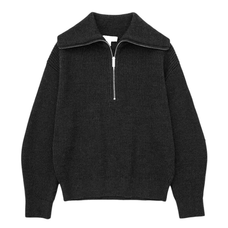 black-charcoal-chunky-knit-ribbed-knitted-cotton-oversized-half-1/4-quarter-zip-down-zipper-v-neck-collared-long-sleeve-baggy-pullover-turtleneck-sweater-jumper-sweatshirt-knitwear-cozy-warm-women-ladies-teens-unisex-girls-fall-2024-autumn-winter-2025-chic-trendy-casual-neutral-basic-feminine-cute-stockholm-style-scandinavian-scandi-street-wear-back-to-school-modest-preppy-zara-revolve-aritzia-mango-reformation-dupe