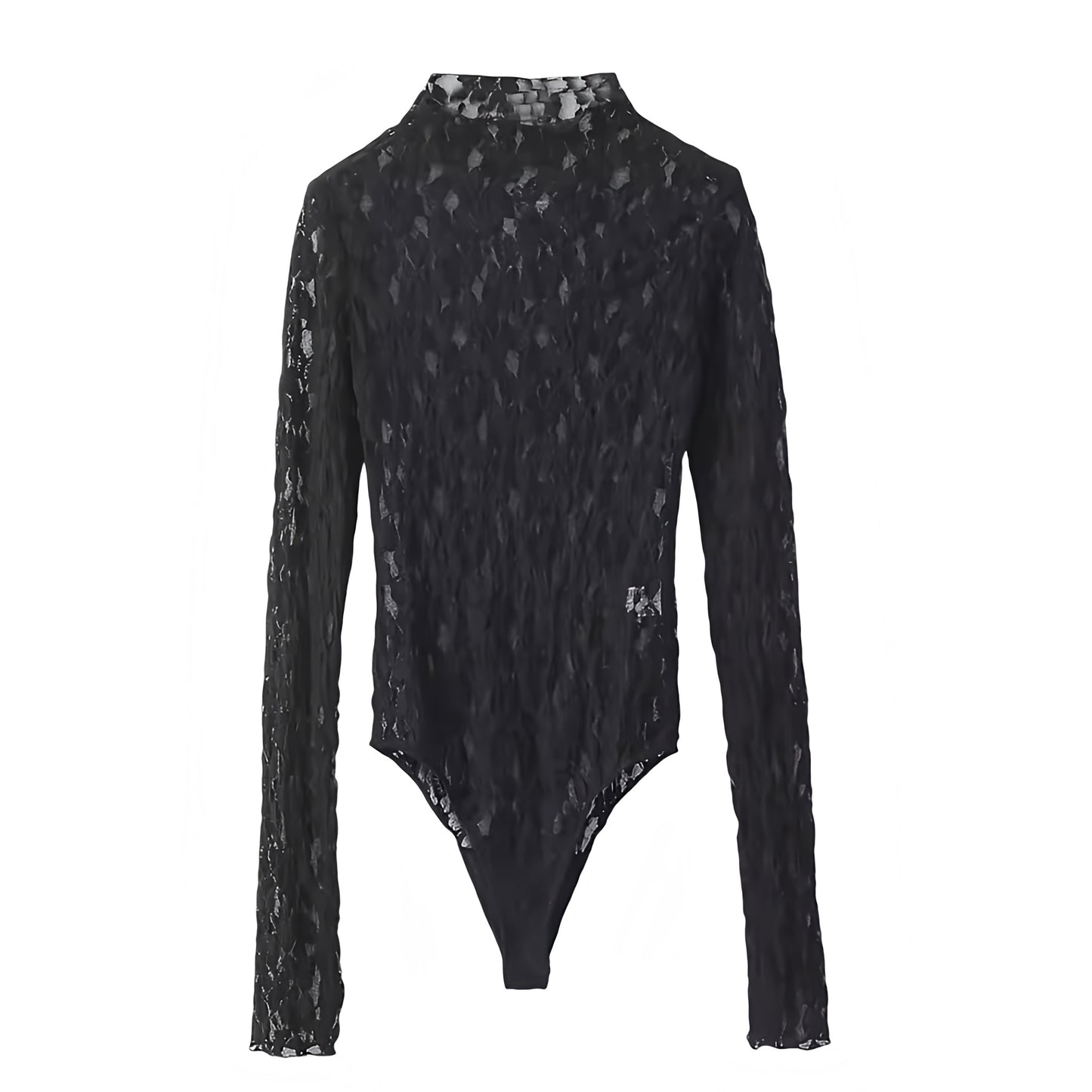 Black Lace Bodycon Long Sleeve Translucent Turtleneck Bodysuit & Low-Rise Flare Pants 2 Piece Set