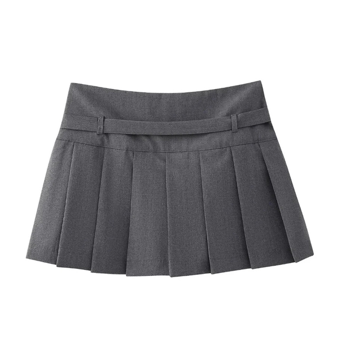 Dark Grey Slim Low-Rise Pleated Mini Skirt With Belt