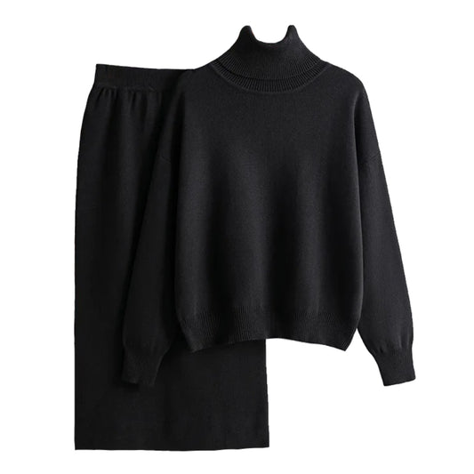 Black Knit Turtleneck Oversized Sweater & Skirt Set