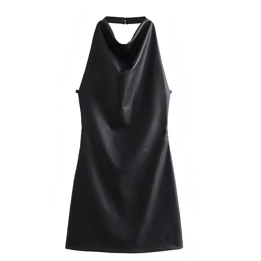 Black Faux Leather Bodycon Sleeveless Draped Backless Halter Mini Dress