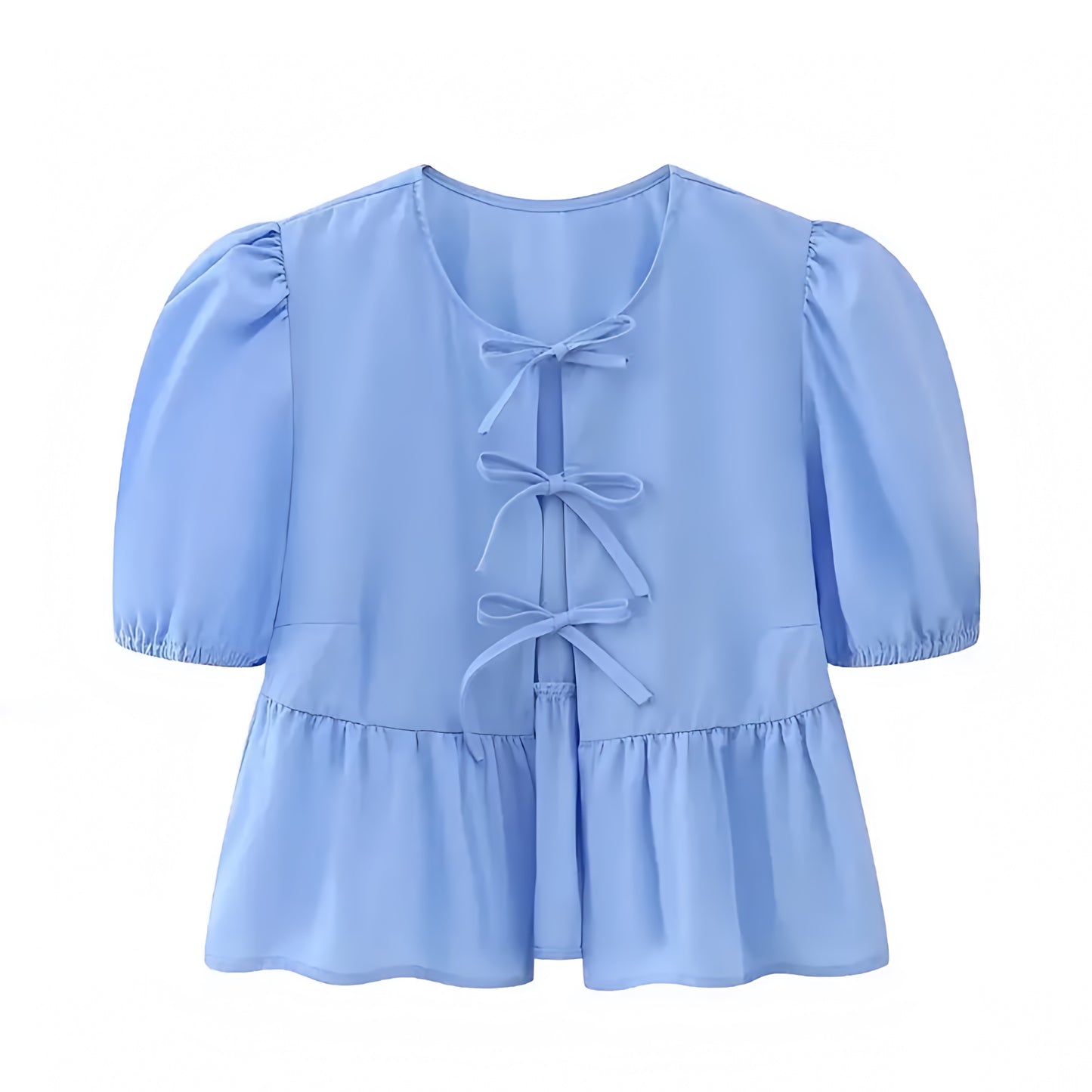 Light Blue Bow Lace Up Short Puff Sleeve Camisole Blouse Top