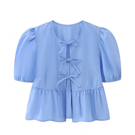 Light Blue Bow Lace Up Short Puff Sleeve Camisole Blouse Top