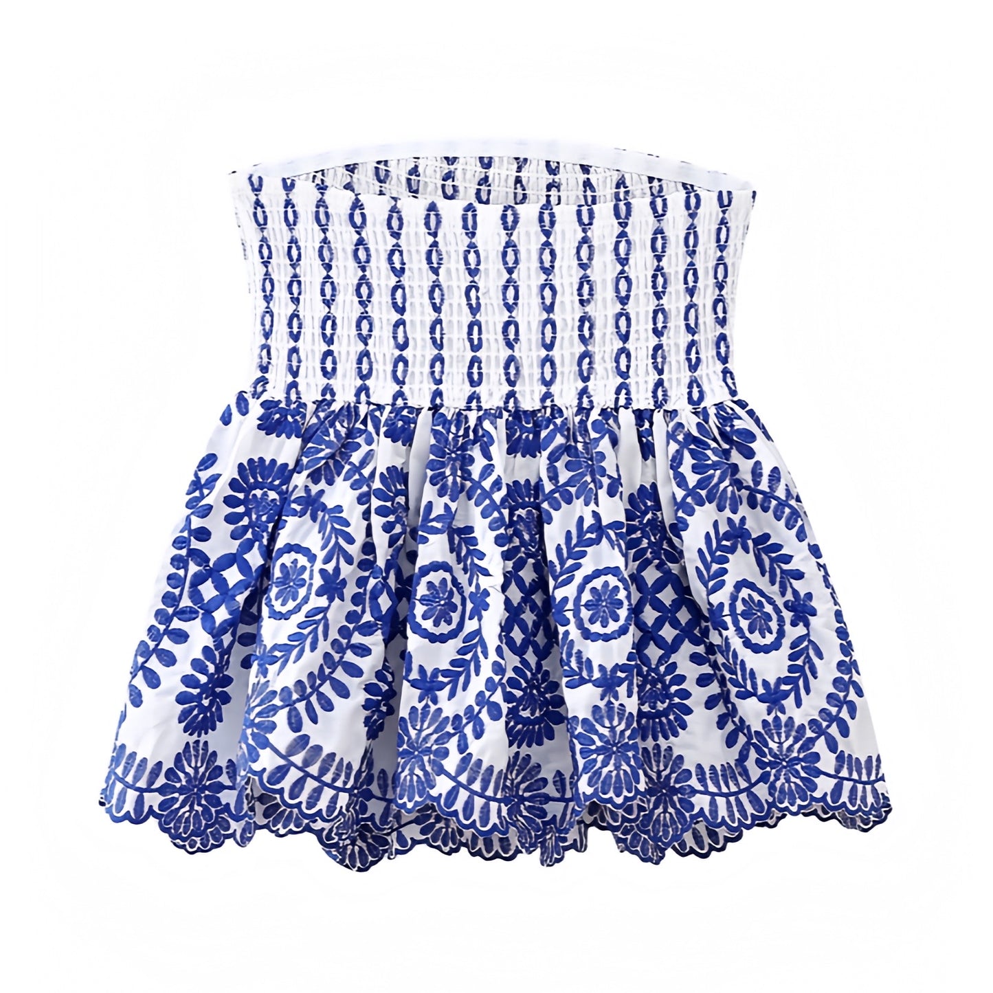 dark-navy-blue-and-white-eyelet-embroidered-floral-patterned-striped-smocked-ruffle-strapless-bandeau-cami-tank-top-blouse-women-ladies-chic-trendy-spring-2024-summer-elegant-casual-preppy-style-coastal-granddaughter-european-greece-beach-wear-tropical-vacation-shirts-zara-revolve-charo-ruiz-fillyboo