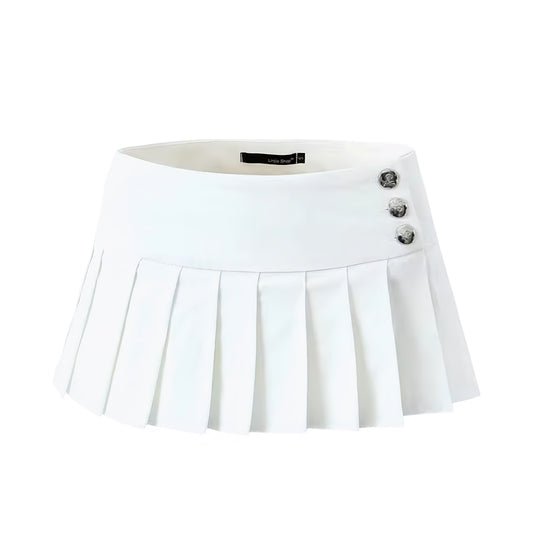 White Button-Down Pleated Low-Rise Mini Skirt