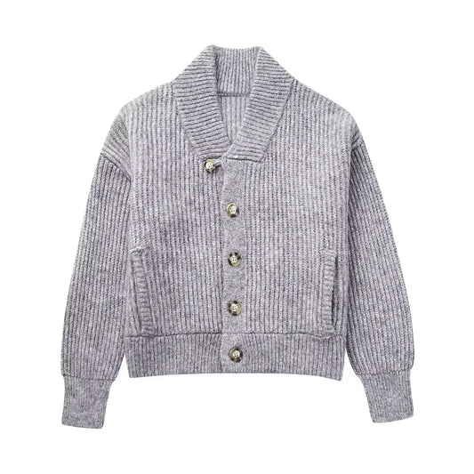 Gray Knitted Chunky Cardigan Sweater