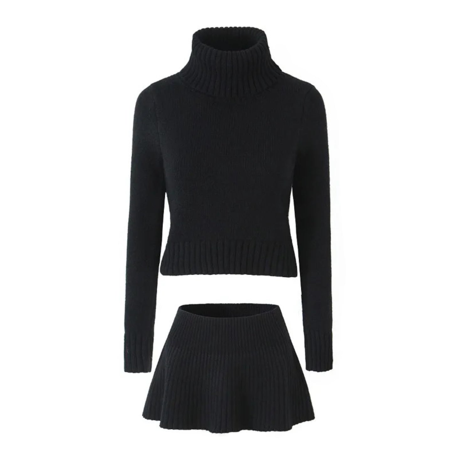 Black Knit Fitted Sweater & Skirt Set