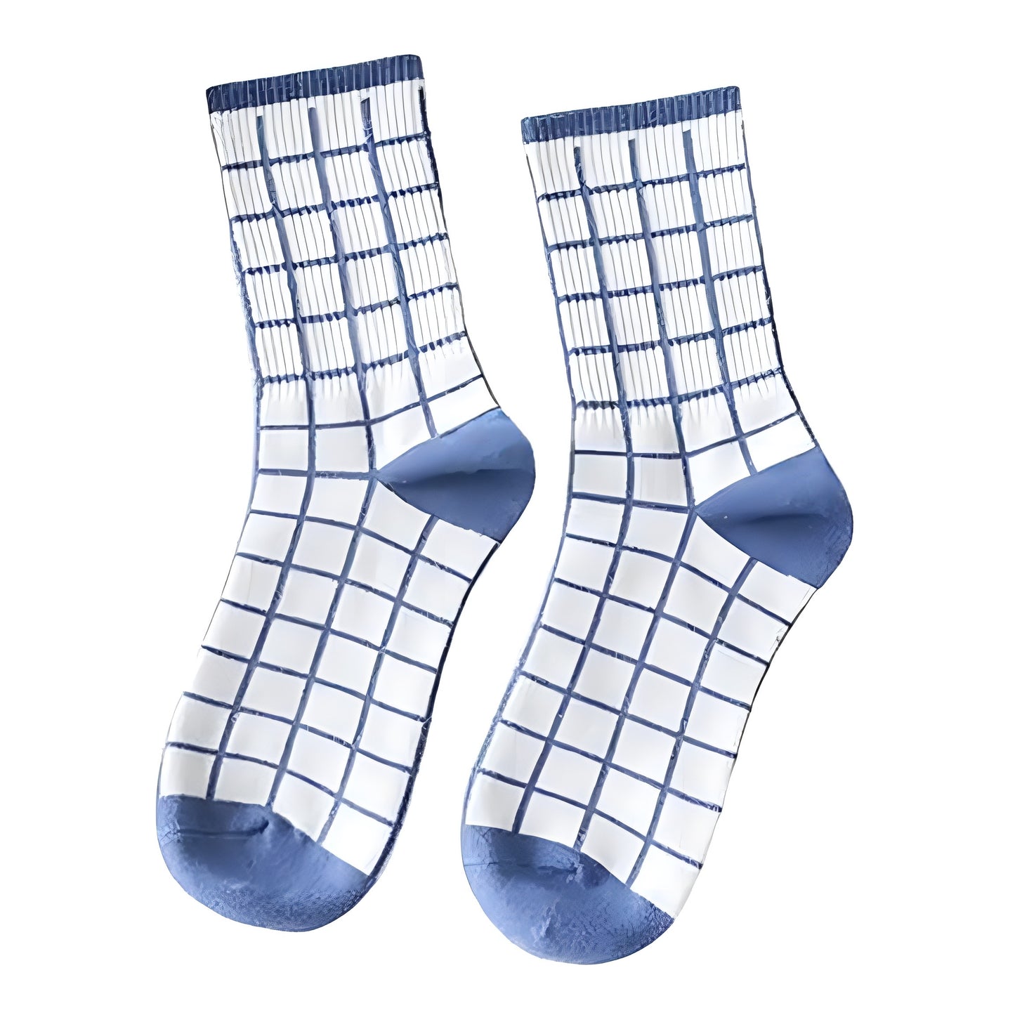 Navy Blue Checkered Cotton Long Socks