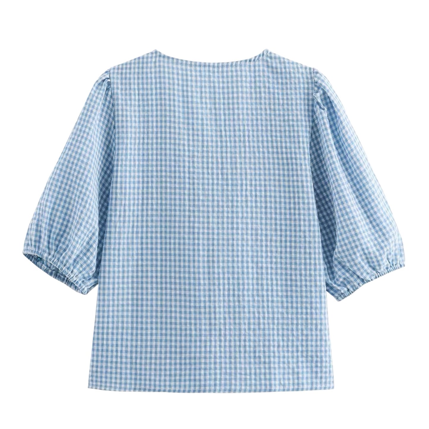 Light Blue Gingham Bow Lace Up Short Puff Sleeve Blouse Top