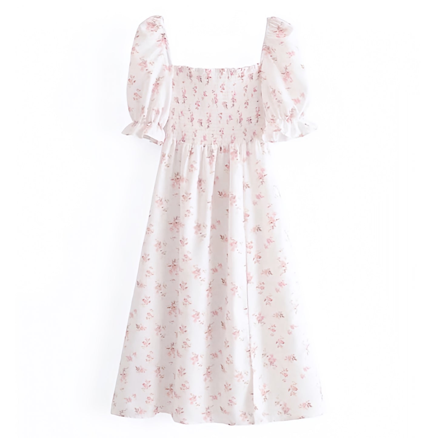 floral-print-light-pink-and-white-flower-patterned-slim-fit-smocked-shirred-bodycon-fitted-bodice-drop-waist-short-puff-sleeve-ruffle-trim-square-neckline-tiered-linen-flowy-midi-long-maxi-dress-ball-gown-women-ladies-teens-tweens-chic-trendy-spring-2024-summer-elegant-casual-semi-formal-feminine-preppy-style-prom-homecoming-hoco-dance-party-debutante-wedding-guest-beach-vacation-sundress-altard-state-hello-molly-urban-outfitters-revolve-zara-loveshackfancy-dupe