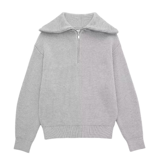 light-heather-grey-gray-chunky-knit-ribbed-knitted-cotton-oversized-half-1/4-quarter-zip-down-zipper-v-neck-collared-long-sleeve-baggy-pullover-turtleneck-sweater-jumper-sweatshirt-knitwear-cozy-warm-women-ladies-teens-unisex-girls-fall-2024-autumn-winter-2025-chic-trendy-casual-neutral-basic-feminine-cute-stockholm-style-scandinavian-scandi-street-wear-back-to-school-modest-preppy-zara-revolve-aritzia-mango-reformation-dupe